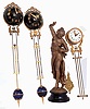 Clocks- 3 (Three) Swinging Arm Clocks and a bronzed "Fisher" spelter figure: one arm is antique French, with "GLT" stamp on movement; the two ball tops are modern reproductions; the figure is an old Ansonia side piece. 19th and later 20th centuries