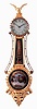 Foster Campos, Pembroke, Mass., girandole clock, mahogany case with gilt frames and bracket, convex paint decorated tablets, the lower featuring Aurora in her chariot, Arabic numeral white painted dial, 8 days, weight driven timepiece movement by Kilbourn & Proctor, serial #2