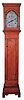 Unsigned American tall clock, 30 hours, time and bell strike and calendar, weight driven wooden movement in a flat top maple case on applied bracket base with painted wooden dial, c1810