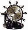 Chelsea Clock Co., Boston, Mass., "Vanderbilt" yacht wheel swivel head, 8 days, ship's bells desk clock, nickel finish, hinged bezel, #603751, c1955