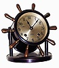 Chelsea Clock Co., Boston, Mass., "Vanderbilt" yacht wheel swivel head, 8 days, ship's bells desk clock, bronze finish, hinged bezel, #590600, c1954