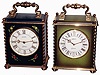 Clocks- 2 (Two) Gubelin Swiss "Le Castel", 8 days, time and strike, brass and hand-painted wood mantel clocks, mid 20th century