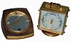 Clocks- 2 (Two) Angelus Swiss, 8 days, 15 jewel brass and glass desk clocks; "Descodate" for B.D. Howes" with 1962 presentation; swiveling model with barometer on opposite side; mid 20th century