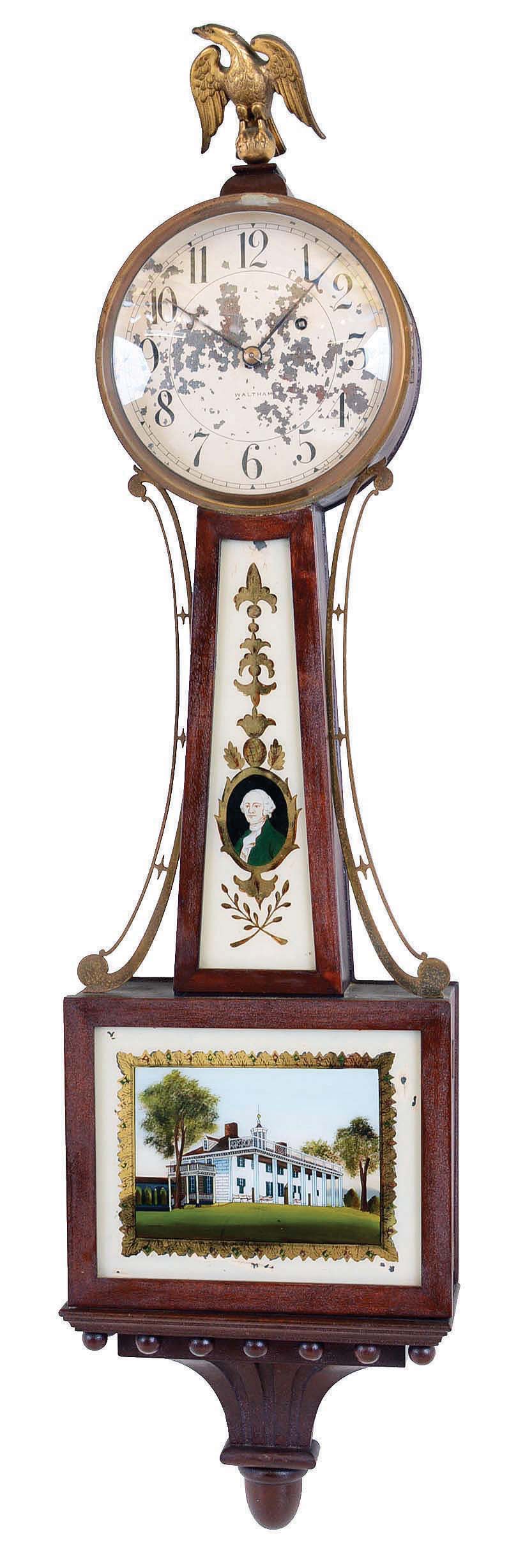 Waltham Watch Co., Waltham, Mass., "1500", 8 days, weight brass movement Patent or Banjo wall timepiece. — Antique Clocks Price Guide