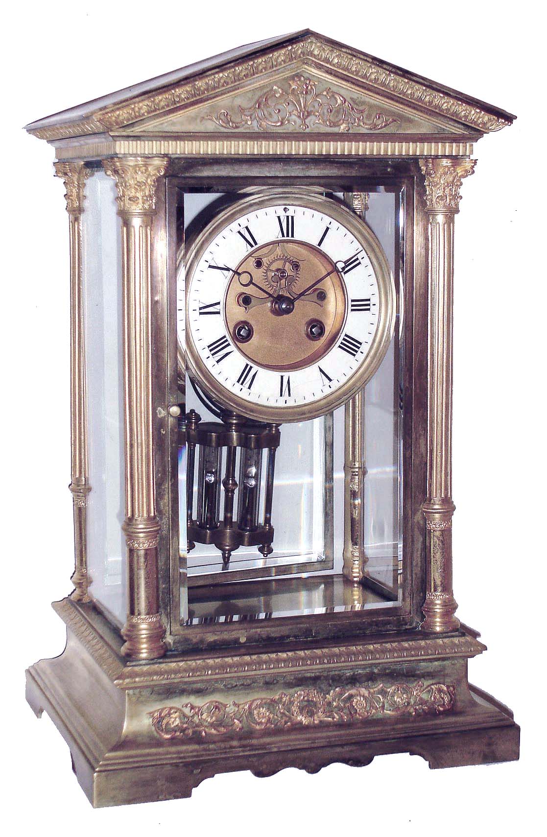 French large 8 days, time and strike, brass and beveled glass crystal regulator, visible escapement, Marti movement also stamped Tiffany &amp; Compy., c1900 — Antique Clocks Price Guide