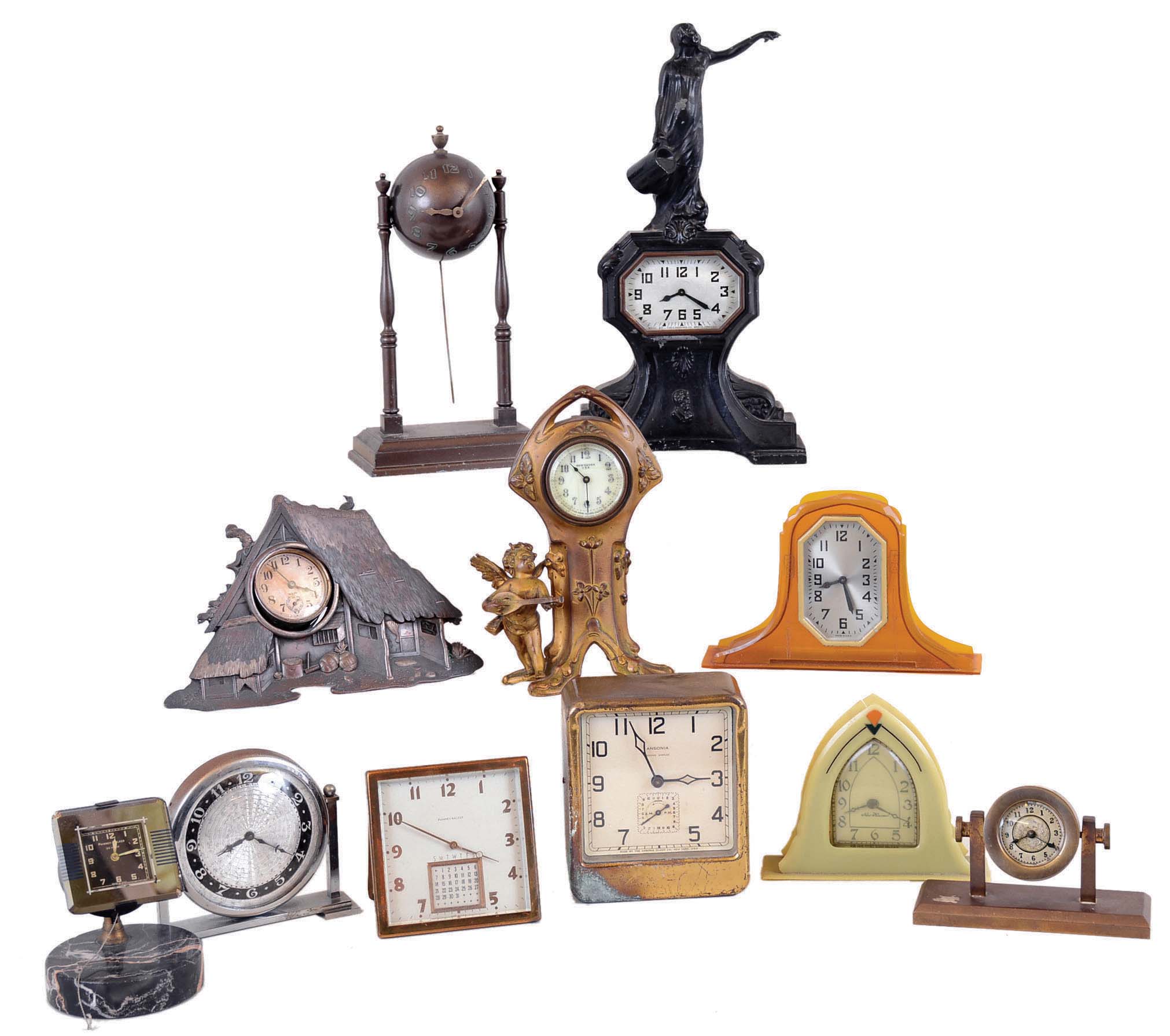 Clocks- 14 (Fourteen) American desk and mantel clocks, 8 day and 30 hour, by Seth Thomas, Ansonia, New Haven, Ingraham, Waterbury, Lux, Phinney Walker, etc. Early 20th century — Antique Clocks Price Guide