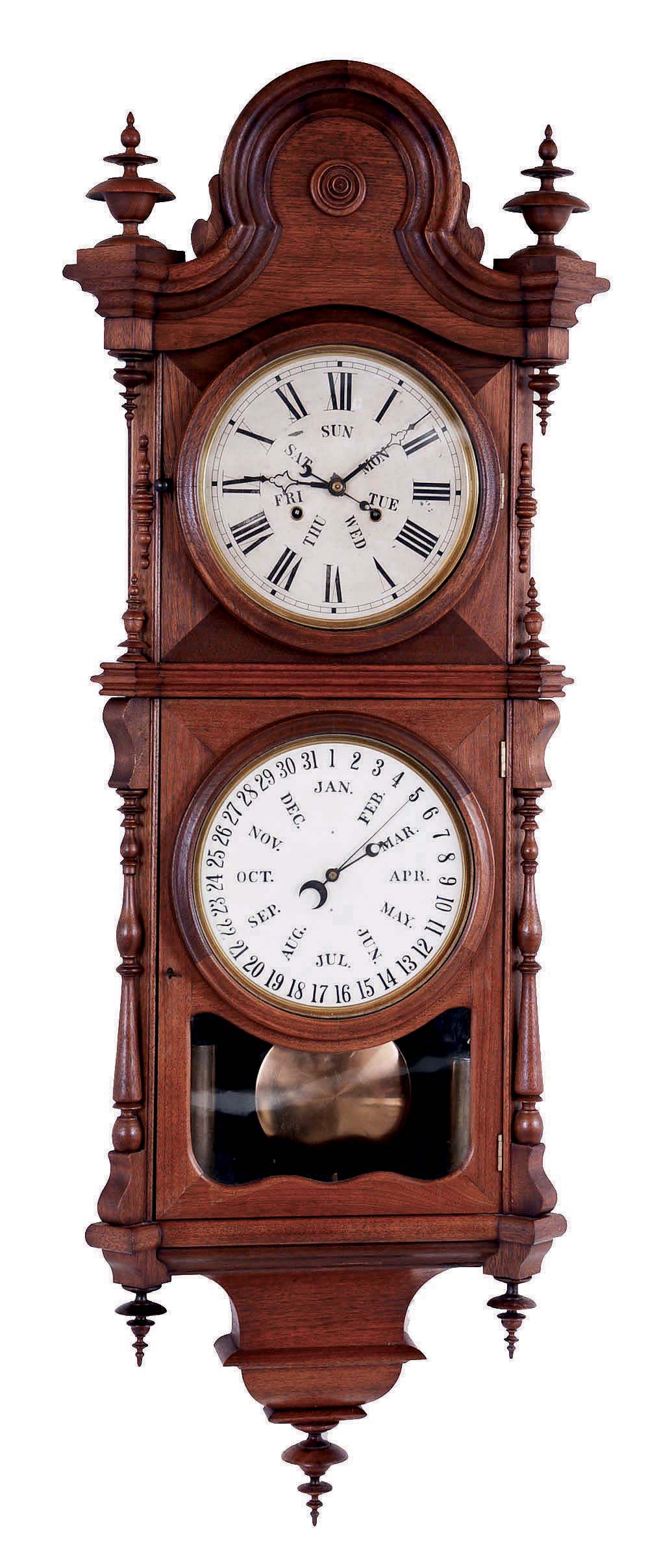 Welch, Spring, &amp; Co., Bristol, Conn., "Regulator No. 3 B.W.", wall clock, 8 days, time with B. B. Lewis perpetual calendar, two brass weight driven movement in a black walnut case with painted metal dials — Antique Clocks Price Guide