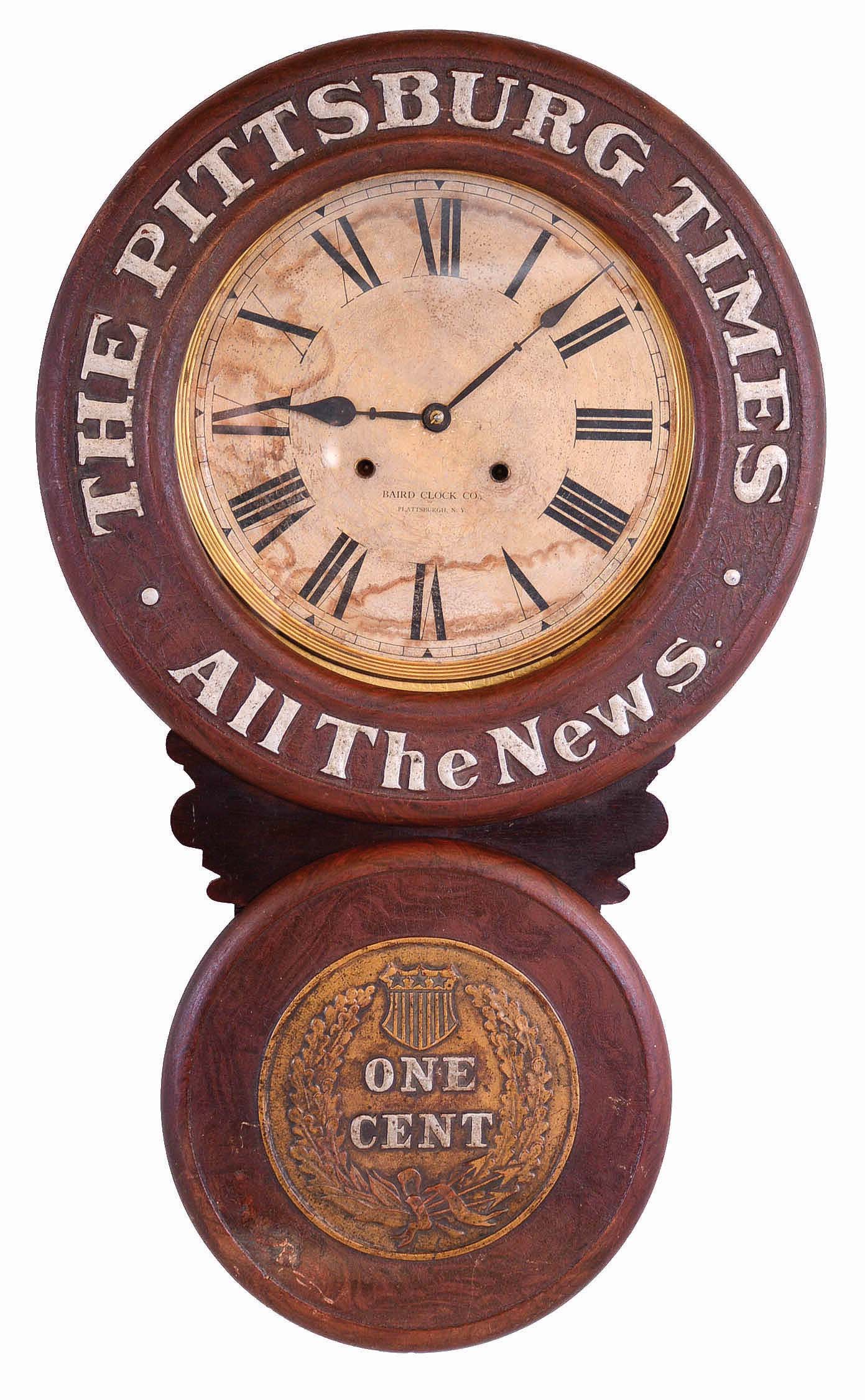 Baird Clock Manufacturing Co., Plattsburgh, New York, "Pittsburg Times", advertising wall clock, 8 days, time and strike, spring driven Kroeber movement in a painted mixed wood case with paper mache doors displaying embossed advertising including the reverse side of an Indian Head Penny on the lower door and "ALL THE NEWS" on the upper door with papered metal dials — Antique Clocks Price Guide
