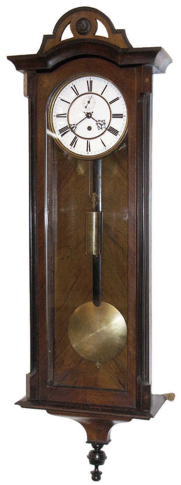 Lenzkirch Clock Co., Germany, Model 5, single weight, or Eingewicht "Vienna Regulator", a walnut veneer case with slender round columns up the sides, the movement of, 8 days, duration and with dead beat escapement and a seconds hand, serial Nr, 260905, c1862 — Antique Clocks Price Guide