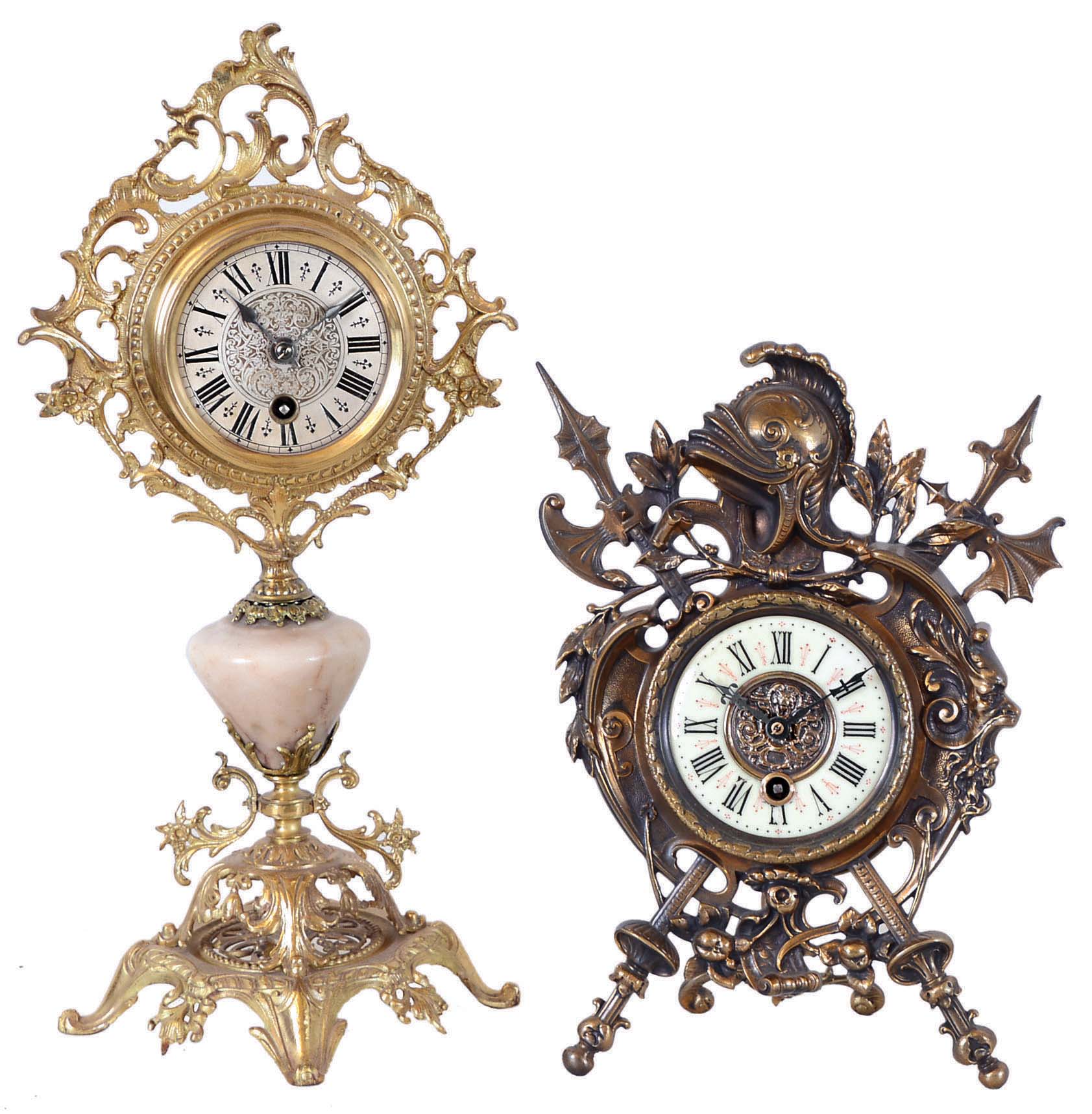 Clocks- 2 (Two) Lenzkirch Clock Co., Germany, mantel clocks: (1) cast brass, 8 day, time only, small mantel clock with strut stand, serial #750551, 1883; (2) Fancy vase form clock with brass stand and decoration. 8 day, time only. — Antique Clocks Price Guide