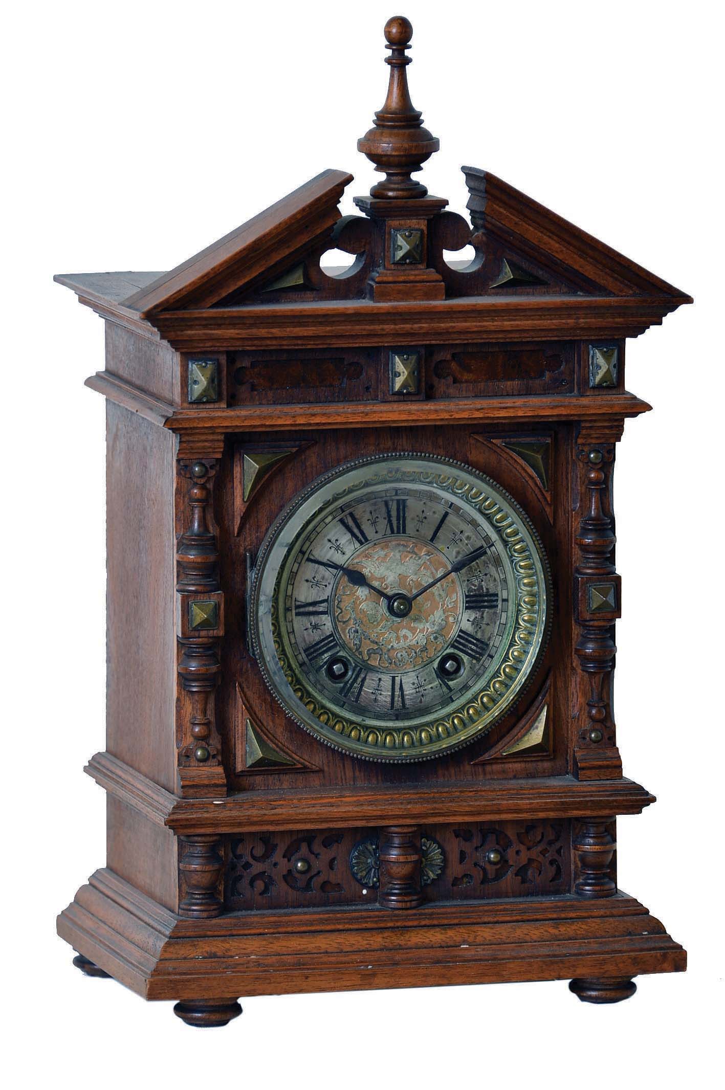 Lenzkirch Clock Co., Germany, walnut with ornate brass trim, 8 days, time and strike, mantel clock, #831450, 1886 — Antique Clocks Price Guide