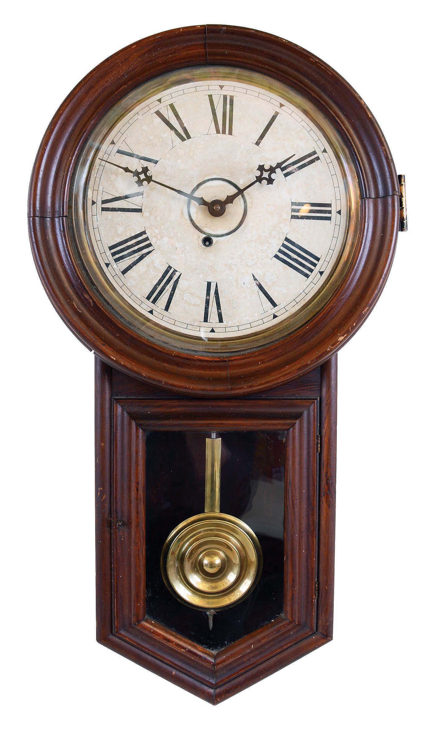 Clocks- 2 (Two): (1) E. Ingraham &amp; Co., Bristol, Conn., "Bristol", 8 days, spring brass movement wall timepiece. c1891 (2) Seth Thomas Clock Co., Thomaston, Conn., "Globe", 8 days, spring brass movement wall timepiece. c1915 — Antique Clocks Price Guide