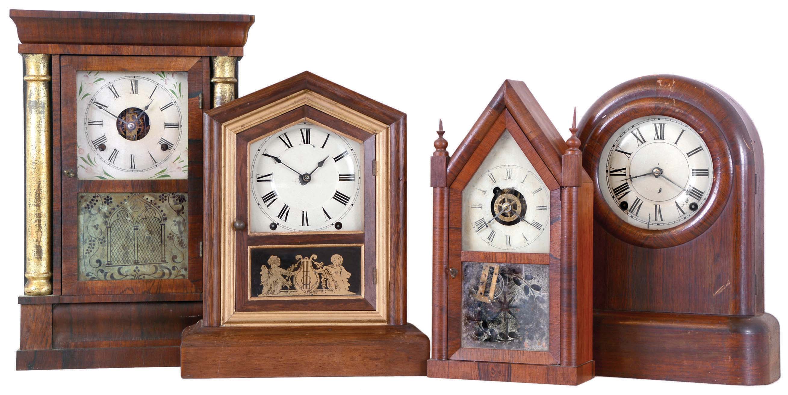 Clocks- 4 (Four): (1) Seth Thomas Clock Co., Thomaston, Conn., "Victoria" shelf clock with a spring driven 8 days time and strike movement in a rosewood veneered case. c1880. (2) New Haven Clock Co., New Haven, Conn., miniature steeple clock with a spring driven time and alarm movement in a rosewood veneered case. c1870. (3) Seth Thomas Clock Co., Thomaston, Conn., "Tudor No. 1" shelf clock with spring driven 8 days time and strike lyre movement in a rosewood veneered case. c1875. (4) Chauncey Jerome, New Haven, Conn., miniature cornice and column clock with a spring driven 8 days time and strike movement. c1854. — Antique Clocks Price Guide