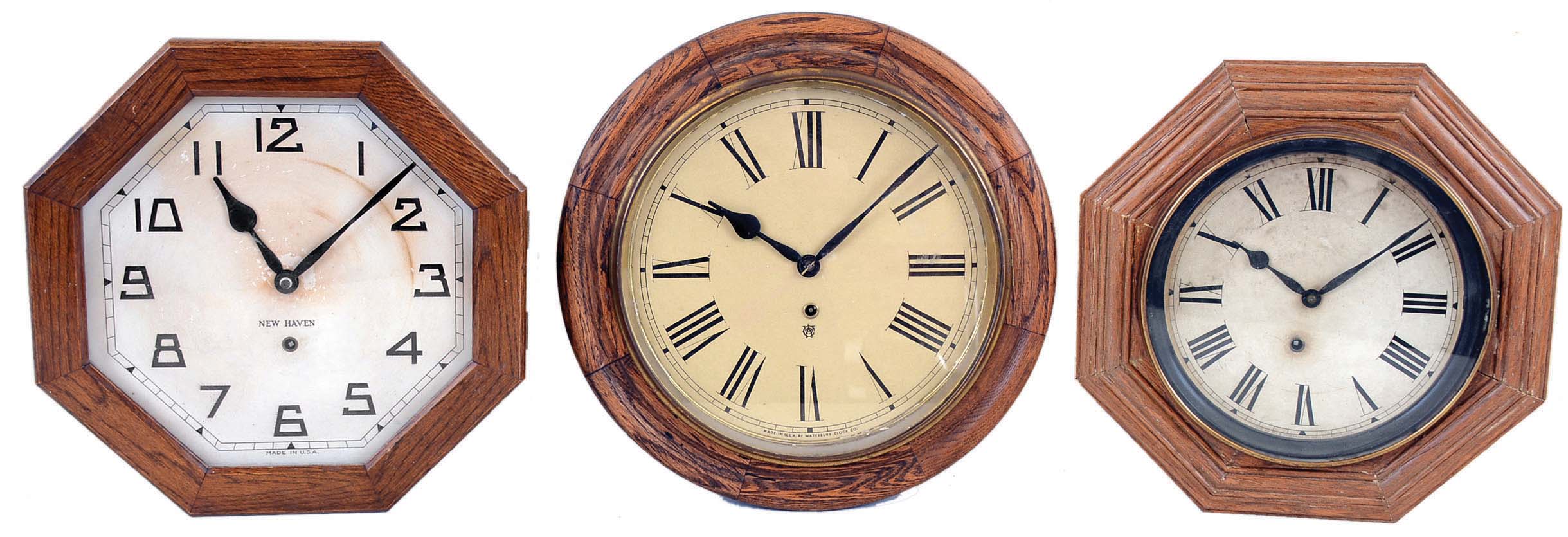 Clocks- 3 (Three): (1) Waterbury Clock Co., Waterbury, Conn., "Alpha", 8 days, spring brass movement gallery timepiece. c1930 (2) E. Ingraham &amp; Co., Bristol, Conn., 8 days, spring brass movement octagon gallery timepiece. c1915 (3) New Haven Clock Co., New Haven, Conn., "12 Inch Gallery", 8 days, spring brass movement gallery timepiece. c1929 — Antique Clocks Price Guide