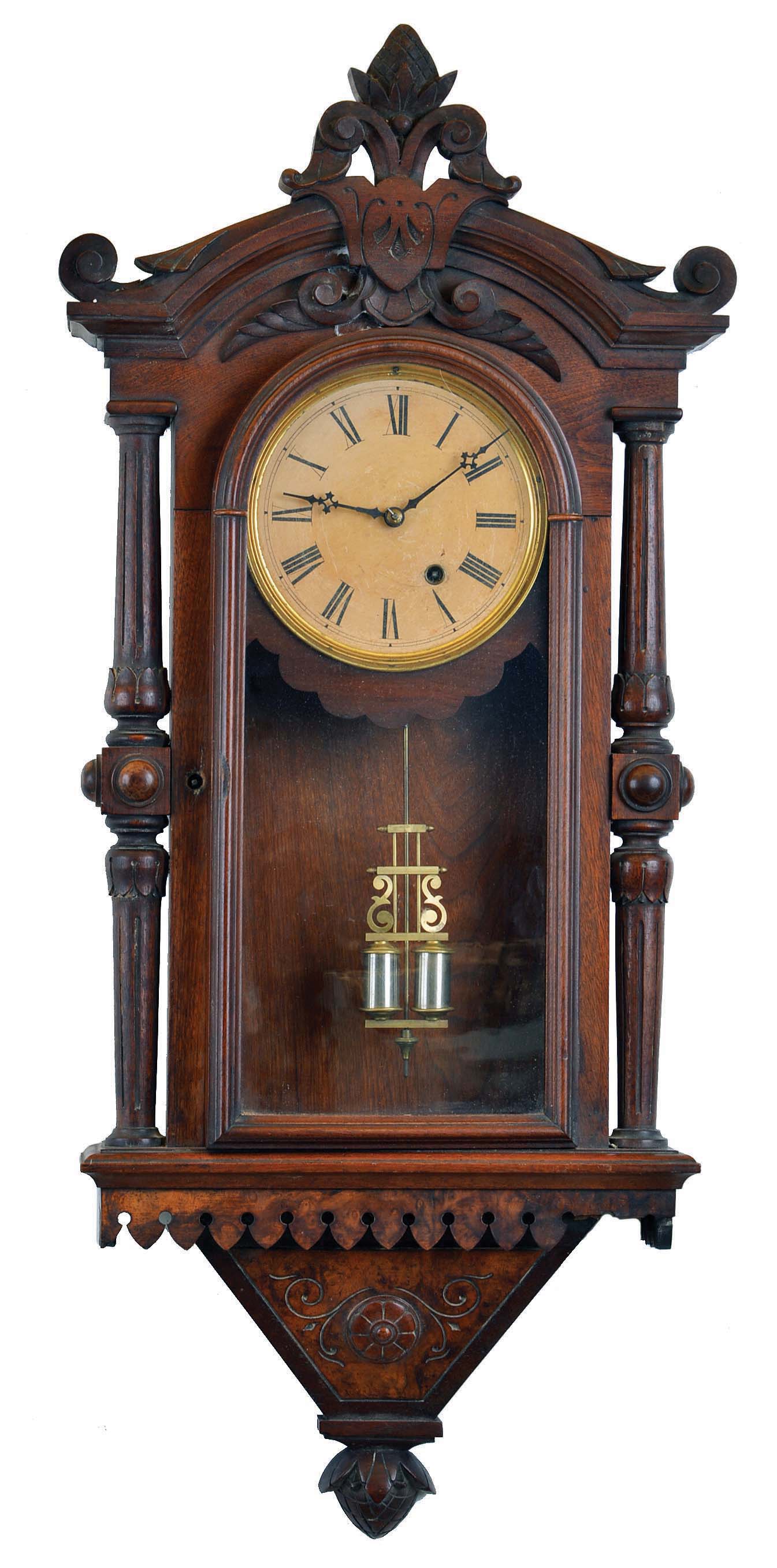 Seth Thomas Clock Co., Thomaston, Conn., wall clock in a walnut case with a spring driven, 8 day, timepiece movement, c1874. — Antique Clocks Price Guide