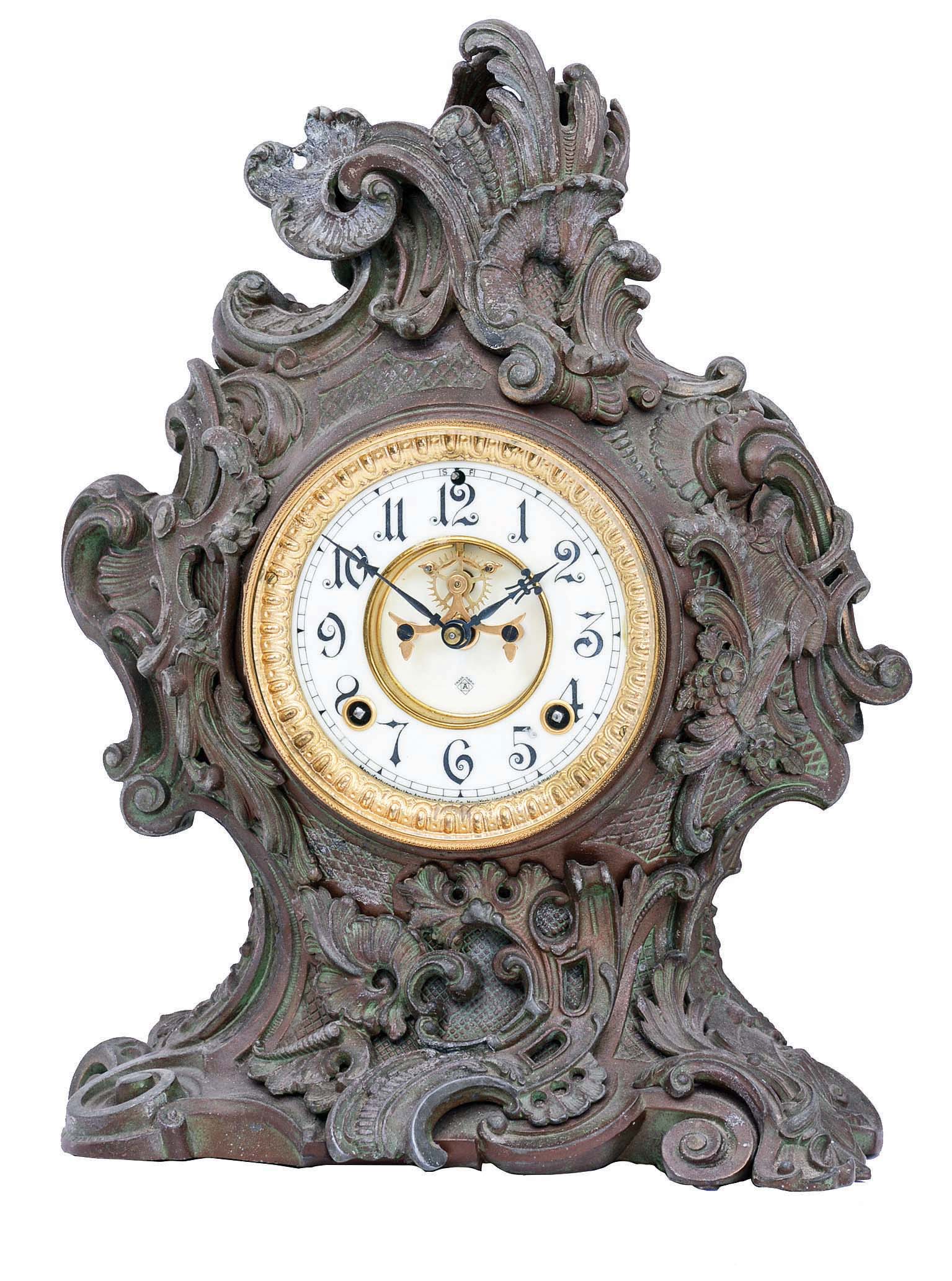 Ansonia Clock Co., New York, NY, "Rococo" 8 days, time and strike spring brass movement, c1890. — Antique Clocks Price Guide