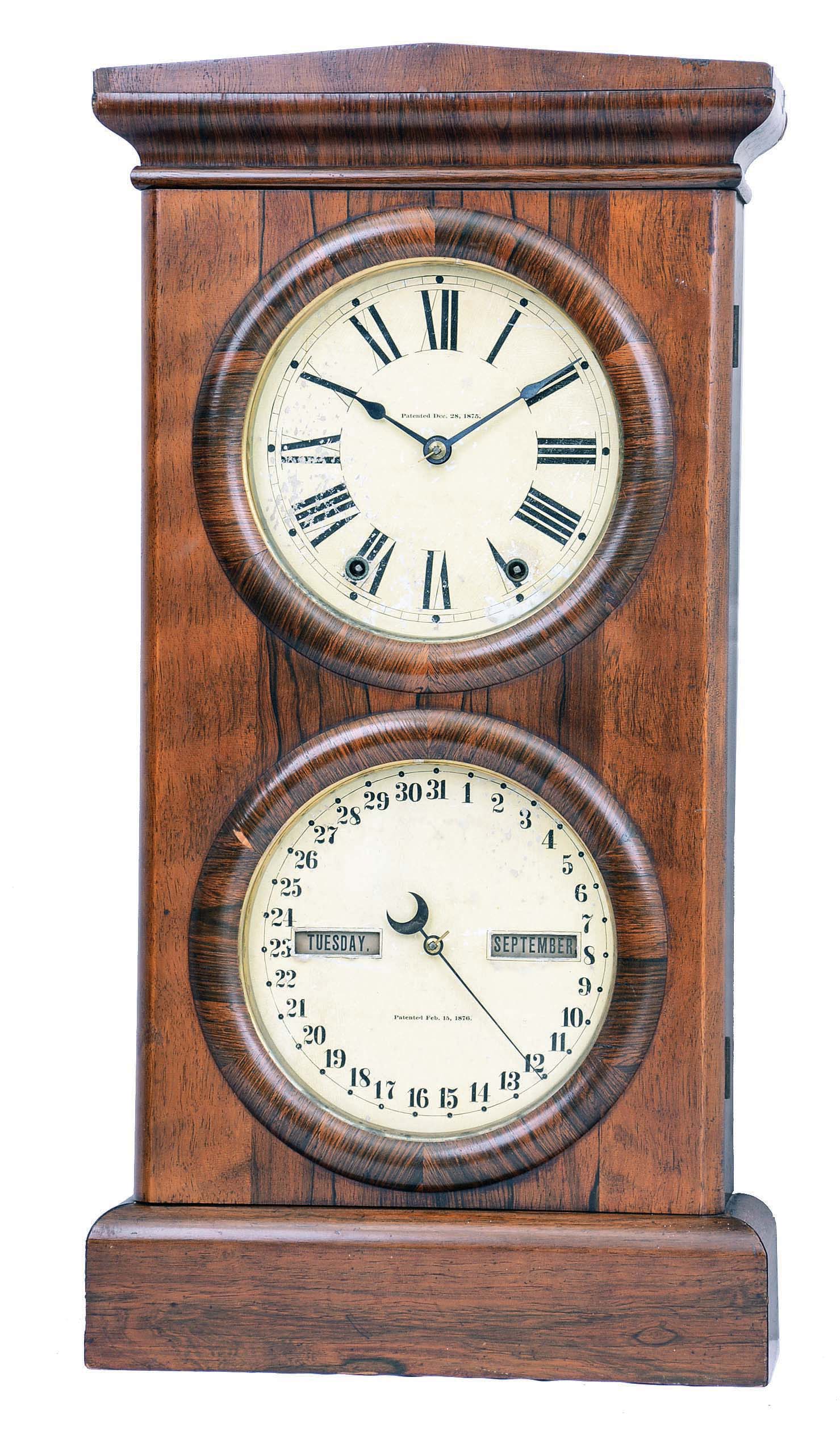 Seth Thomas Clock Co., Thomaston, Conn., "Parlor No. 3" double dial calendar shelf clock with an 8 day, spring driven movement with Randall Thomas Andrews 1876 patent perpetual calendar mechanism in a rosewood veneered case, c1877. — Antique Clocks Price Guide
