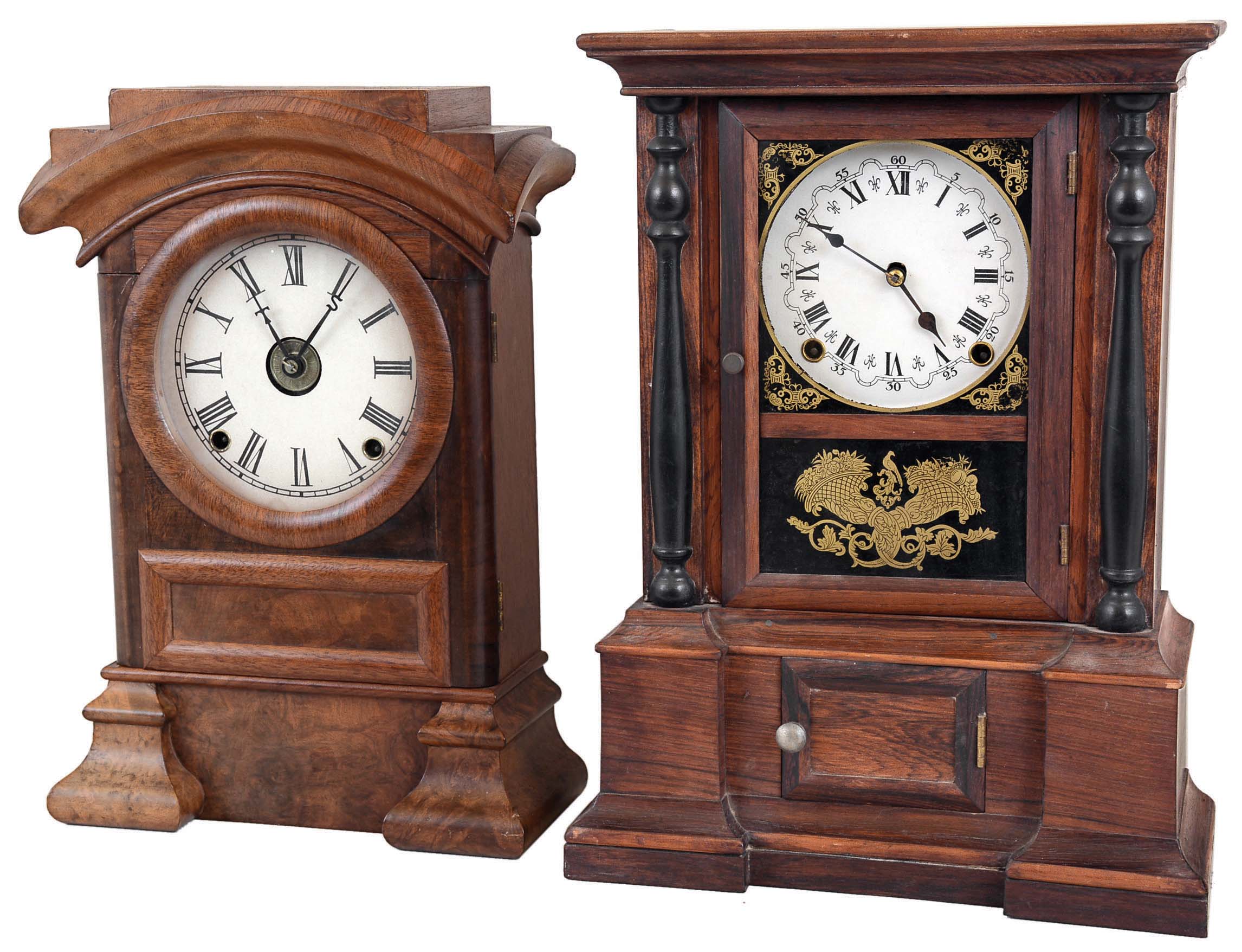 Clocks- 2 (Two) Connecticut 8 day time and strike mantel clocks: Atkins Clock Co., Bristol, Conn., "London" model with rosewood veneered case, c1875; Seth Thomas Clock Co., Thomaston, Conn., "Arch Top" with alarm burled walnut mantel clock, c1880 — Antique Clocks Price Guide