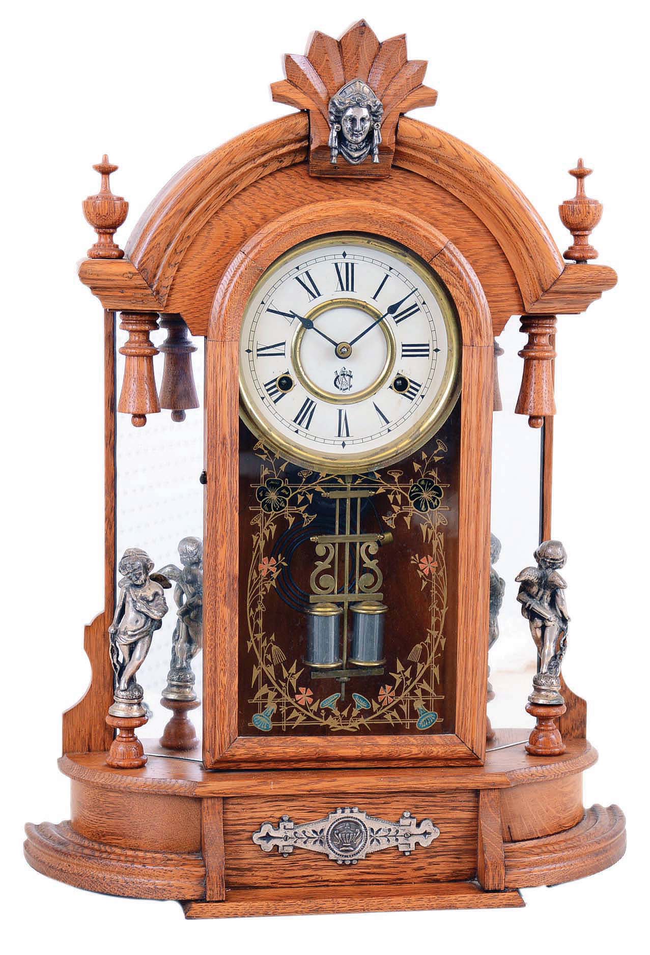 Clocks- 2 (Two) 8 day time and strike Connecticut parlor clocks: New Haven "Occidental"; Ansonia Brass &amp; Copper Co. walnut "Japanese"; c1877 — Antique Clocks Price Guide