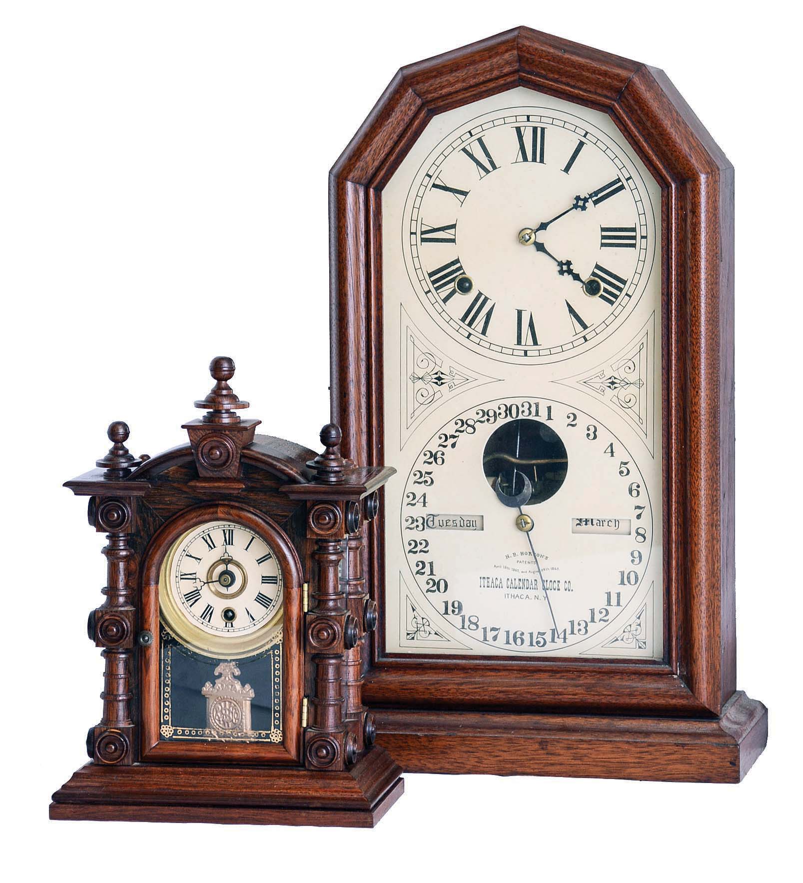 Clocks- 2 (Two): (1) Copy of a Welch, Spring &amp; Co. "Baby Patti", 8 days?, spring brass movement timepiece. (2) Ithaca Calendar Clock Co., Ithaca, NY, "Octagon Poni", 8 days, time and strike spring brass movement double dial calendar shelf clock. c1885 — Antique Clocks Price Guide