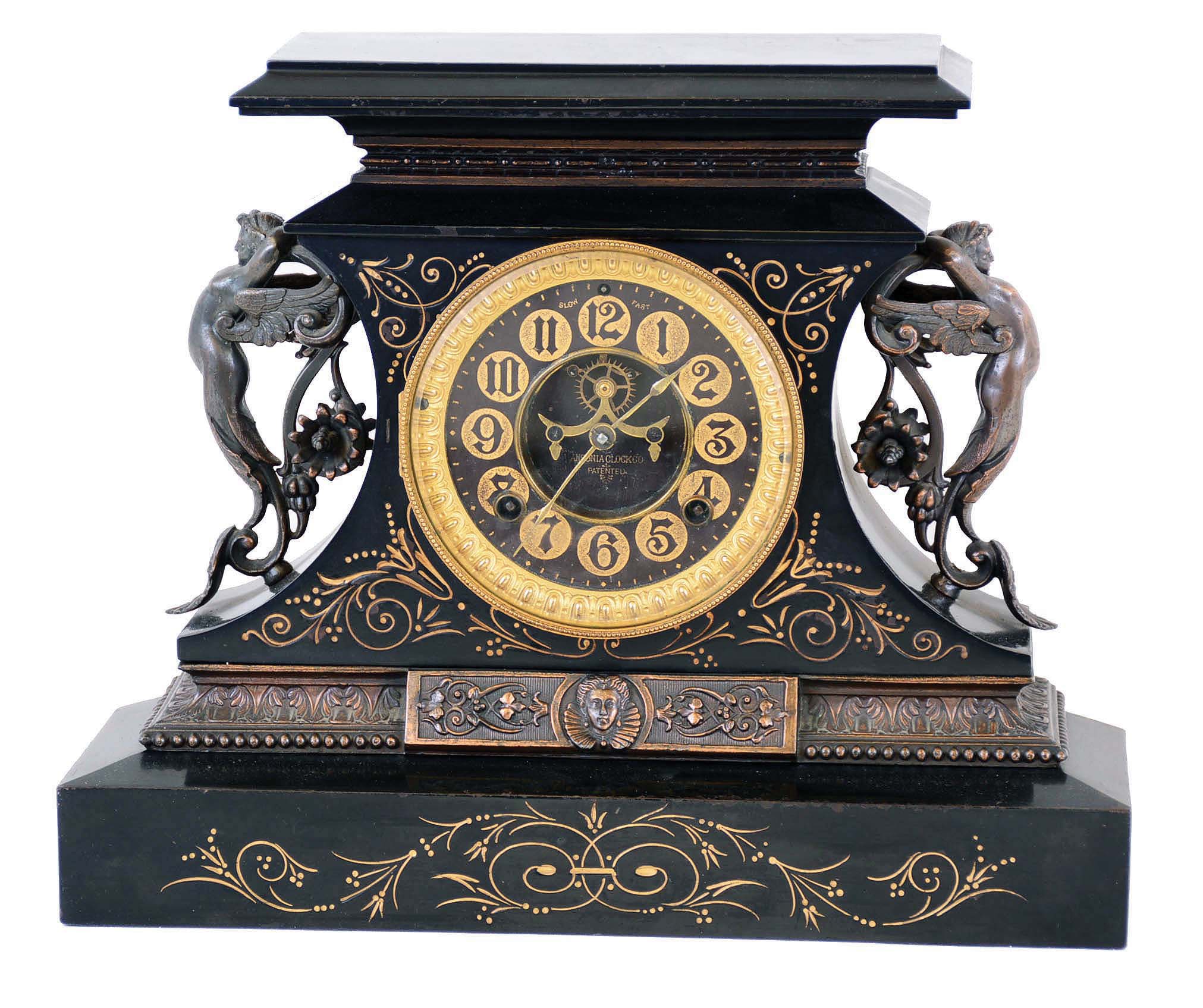 Ansonia Clock Co., New York, NY, "Rosalind" enameled iron 8 day time and strike mantel clock, visible escapement, c1904 — Antique Clocks Price Guide