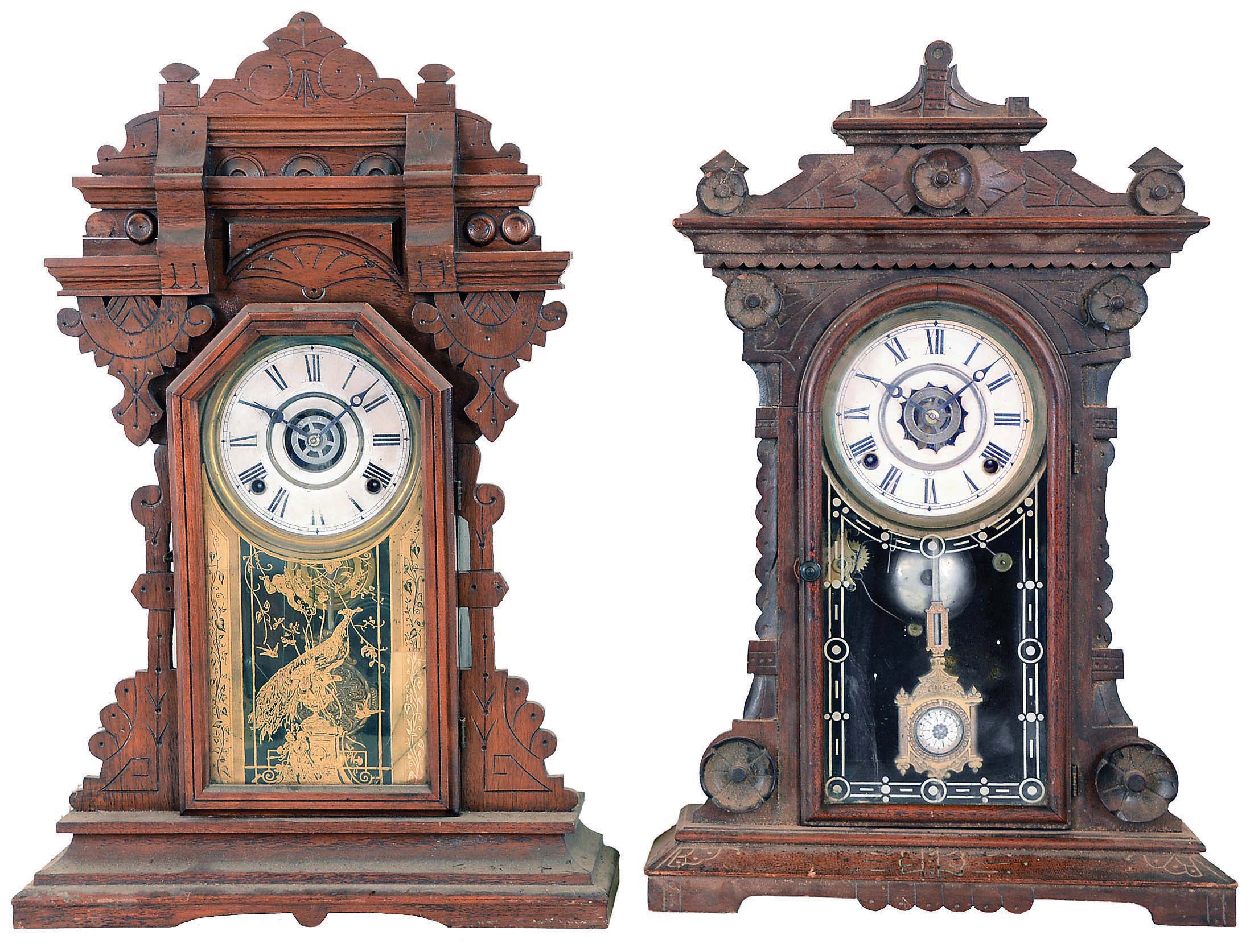 Clocks- 4 (Four): (1) Seth Thomas Clock Co., Thomaston, Conn "Yale" oak gingerbread clock with a spring driven 8 day time, strike and alarm movement, c1900. (2) E. N. Welch Mfg. Co., Bristol, Conn., walnut kitchen mantel clock with a spring driven 8 day time, strike and alarm movement. c1885. (3) E, Ingraham &amp; Co., Bristol, Conn., walnut kitchen mantel clock with a spring driven 8 day time, strike and alarm movement. c1895. (4) William L. Gilbert Clock Co., Winsted, Conn., "Eros" shelf clock with a spring driven 8 day time and strike movement in an ash case with walnut trimmings c1885. — Antique Clocks Price Guide