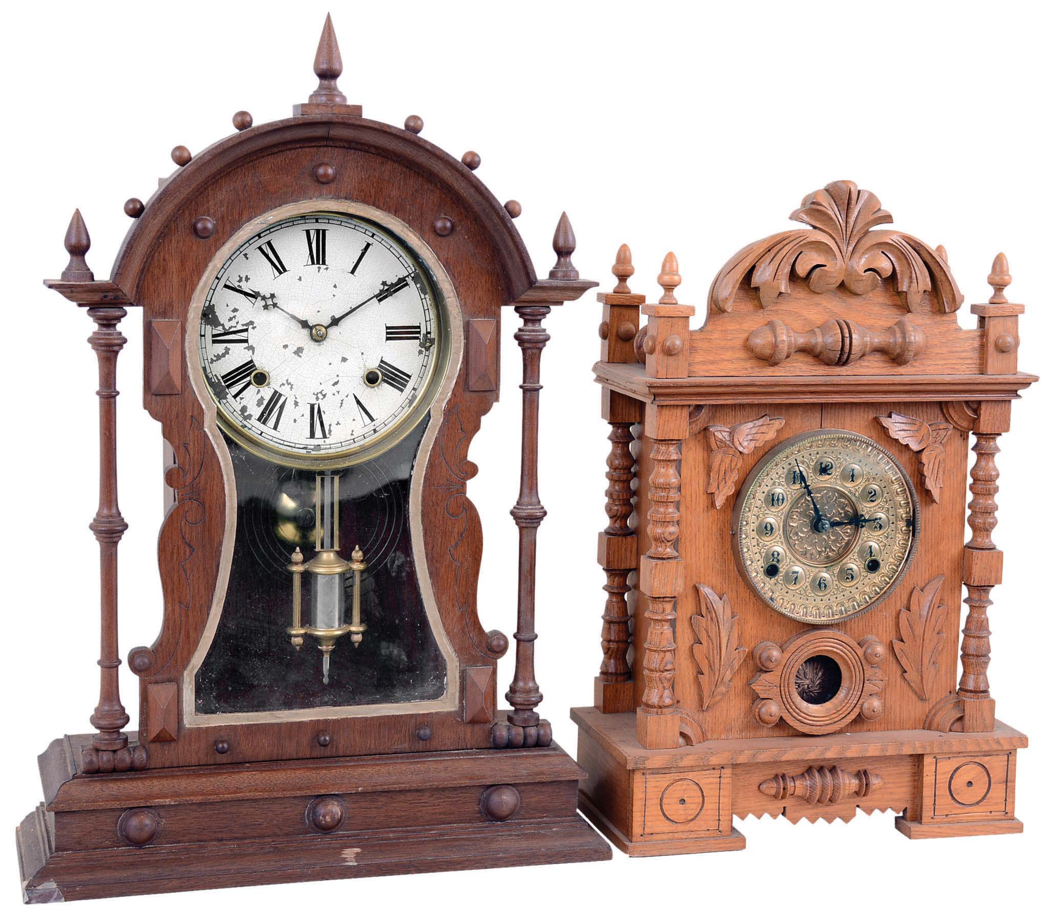 Clocks- 2 (Two) Connecticut 8 day time and strike mantel clocks: (1) Gilbert "Excelsior J" variant, in oak, c1905; (2) unsigned with N. Pomeroy movement. c1875. — Antique Clocks Price Guide