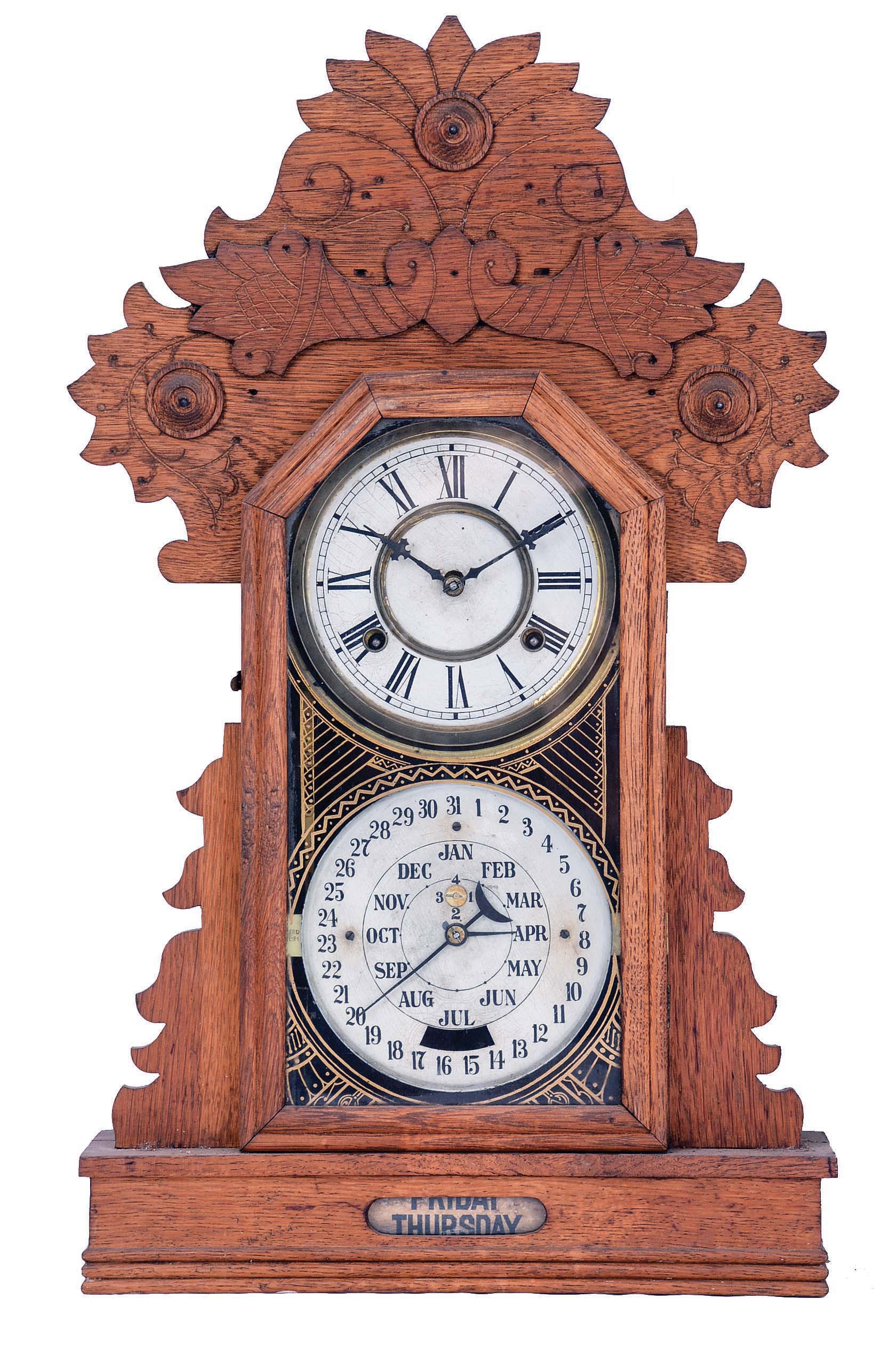 Charles W. Feishtinger, Fritztown, Pennsylvania, 8 days, time and strike spring brass movement double dial calendar shelf clock. These clocks were made by the Waterbury Clock Co. for Feishtinger, c1895. — Antique Clocks Price Guide