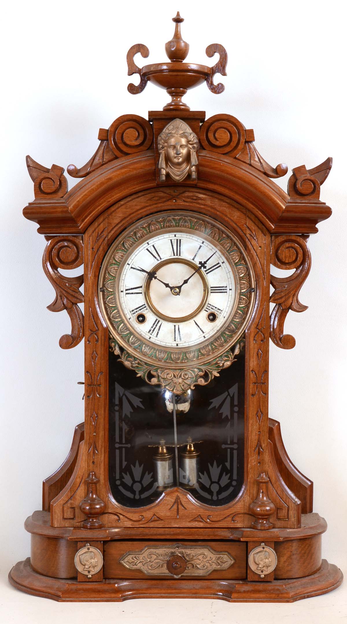 Ansonia Clock Co., New York, NY, "Monarch" shelf clock with an 8 day spring driven brass time &amp; strike movement in a walnut case, c1890. — Antique Clocks Price Guide