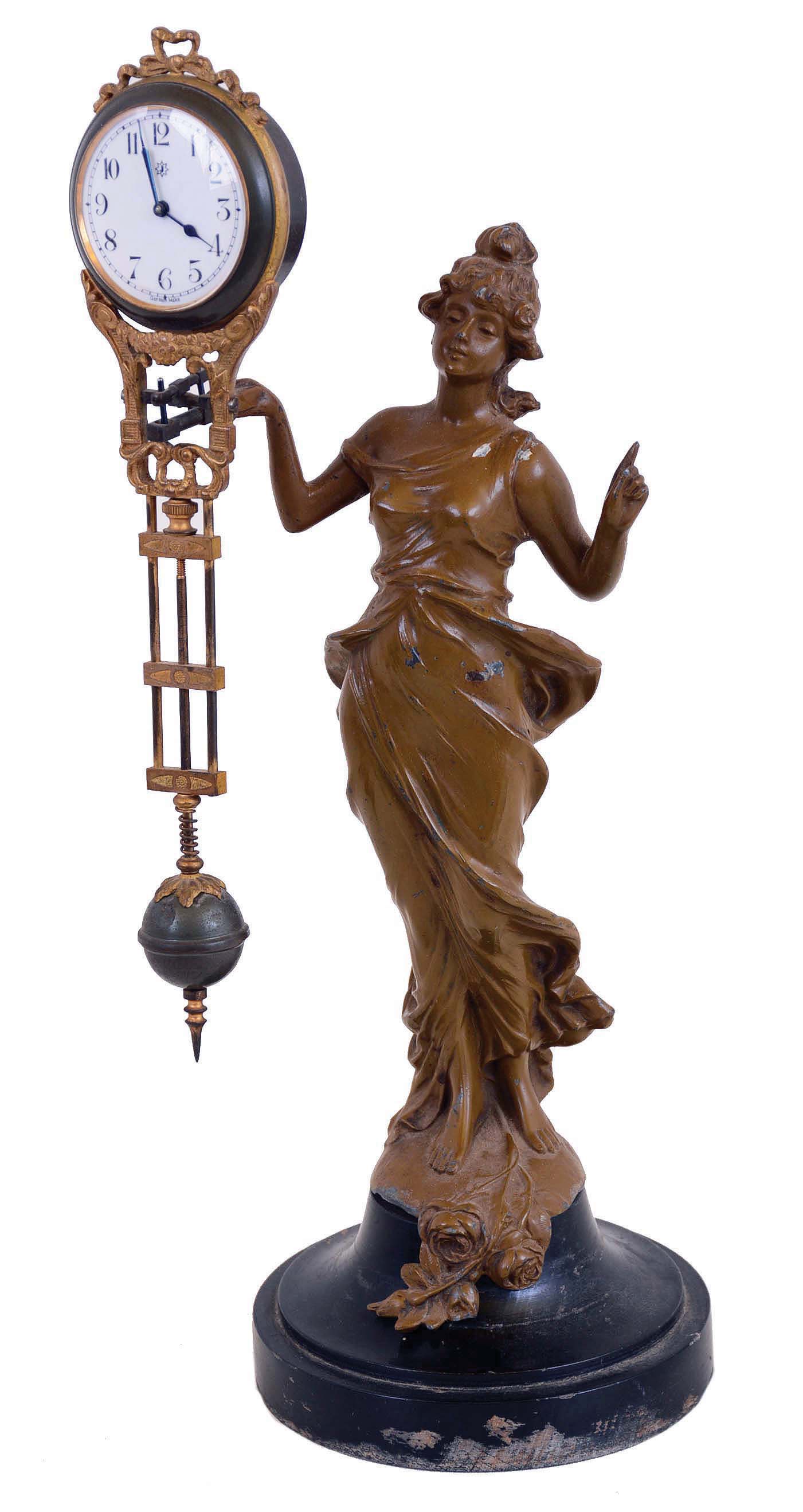 Junghans "Diana" German figural 8 day cast metal swinging arm novelty time-only mantel clock, c1920 — Antique Clocks Price Guide