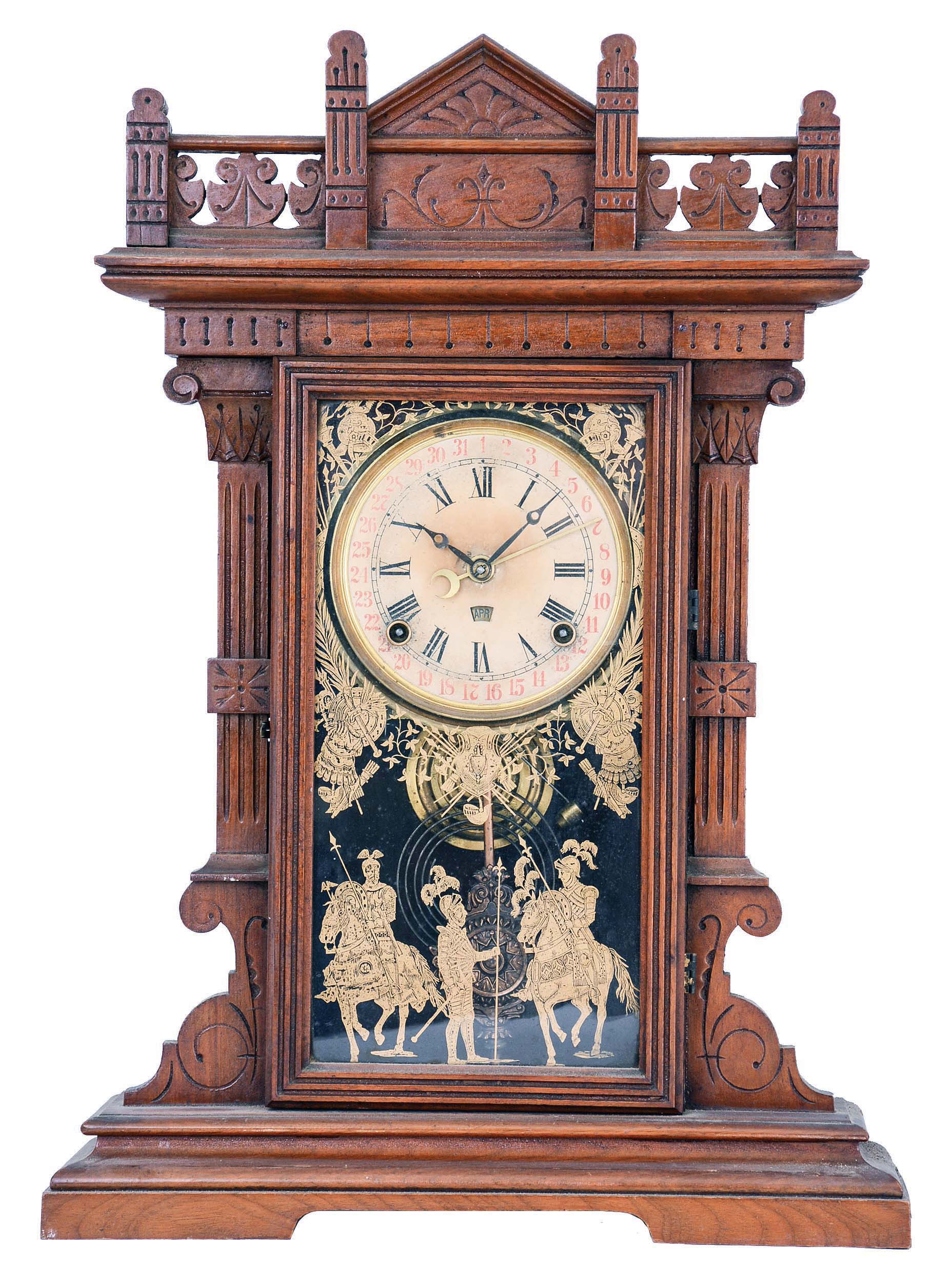 Francis E. Morse, Chicago, Illinois, 8 days, time and strike shelf clock with 1883 calendar mechanism patented by one Benjamin Franklin. Manufactured for Morse by E. N,. Welch Mfg. Co., Forestville, Conn., about 1885. — Antique Clocks Price Guide