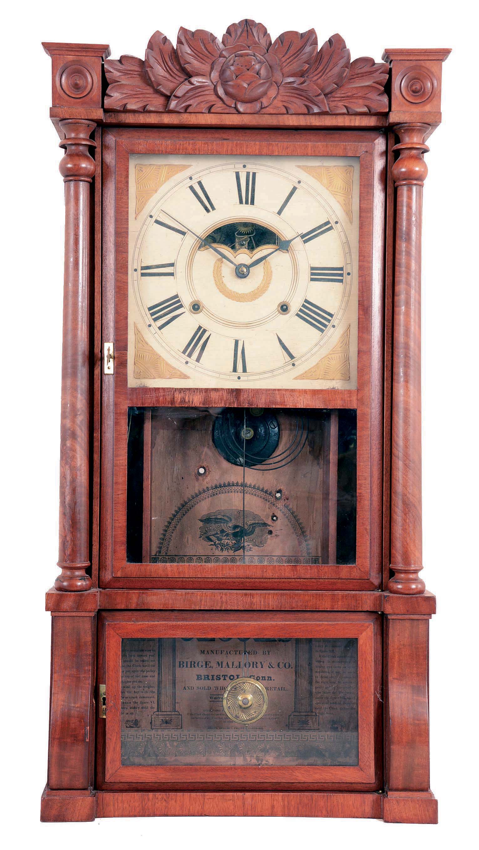 Birge, Mallory &amp; Co., Bristol, Conn., Empire-style full column and carved splat shelf clock with weight driven 8 day time and strike movement in a mahogany case, c1840, — Antique Clocks Price Guide
