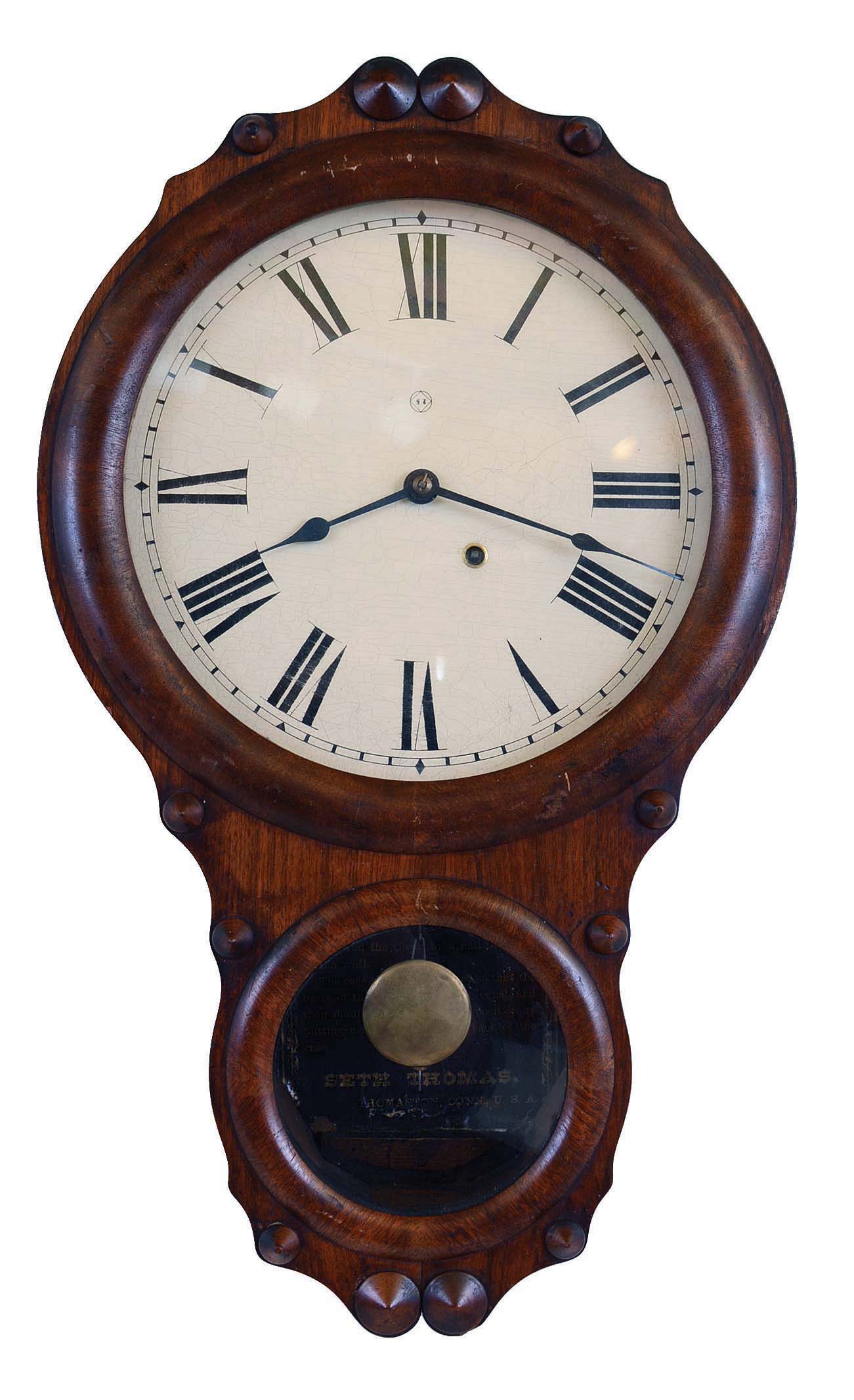 Seth Thomas Clock Co., Thomaston, Conn., "Office No. 1" wall clock with an 8 day spring driven brass timepiece movement in a mahogany veneered case, c1880. — Antique Clocks Price Guide