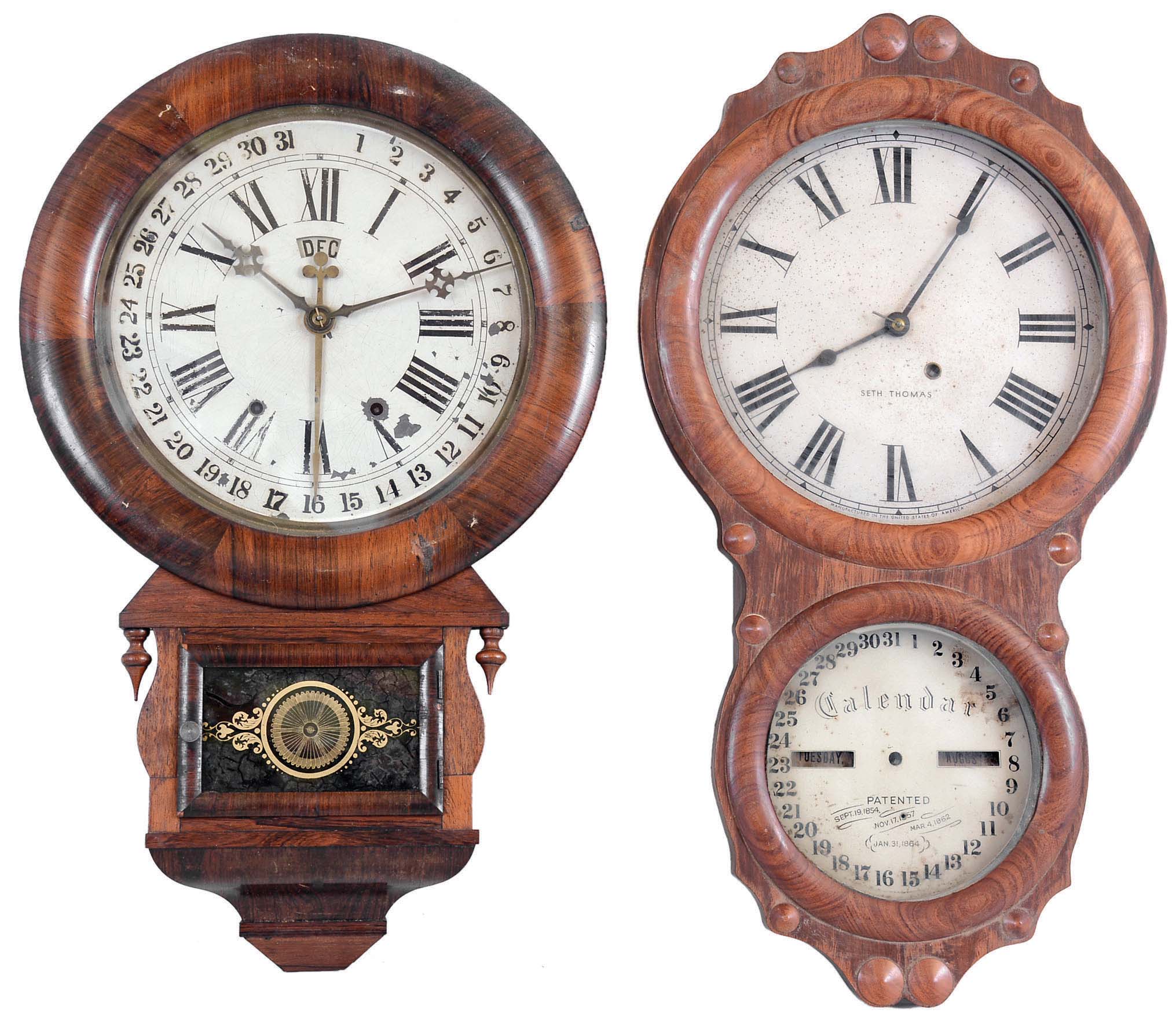Clocks- 2 (Two) Calendar 8 day time and strike in rosewood veneer cases: Ansonia Brass &amp; Copper "Drop Extra Calendar"; Seth Thomas Clock Co., Thomaston, Conn., "Office Calendar No. 4"; c1875 — Antique Clocks Price Guide