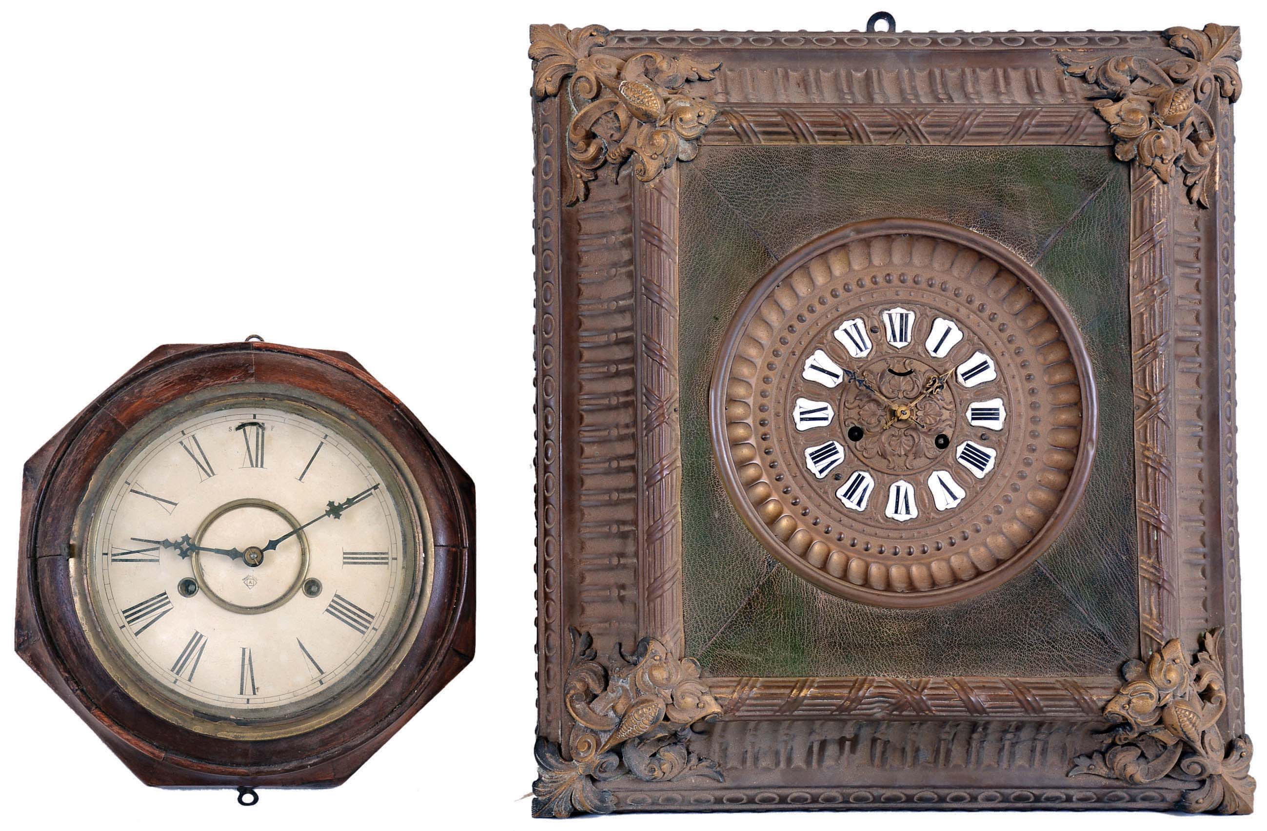 Clocks- 4 (Four) Wall: Ansonia "Richelieu" brass 8 day time and strike balance movement picture frame clock, c1900; Waterbury "Montreal" walnut 8 day time and strike, c1883; New Haven "Bank" 8 day drop octagon oak timepiece, c1911; Ansonia octagon "Lever" 30 hour time and strike, walnut with 8" dial, c1900. — Antique Clocks Price Guide