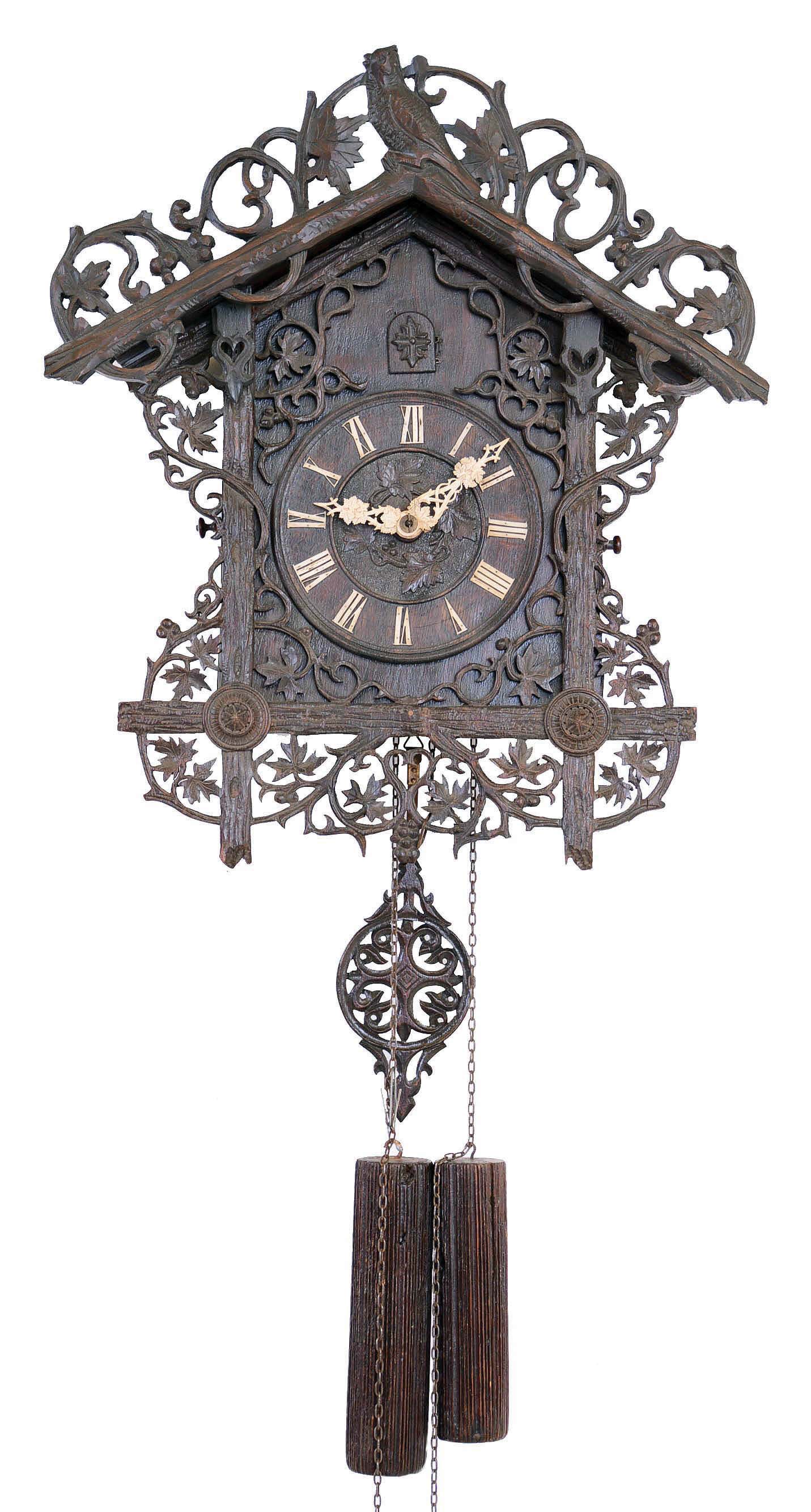 Cuckoo Clock, German, walnut highly ornate carved case and pendulum, fancy bone hands, 30 hour, fluted wood weights, c1880 — Antique Clocks Price Guide