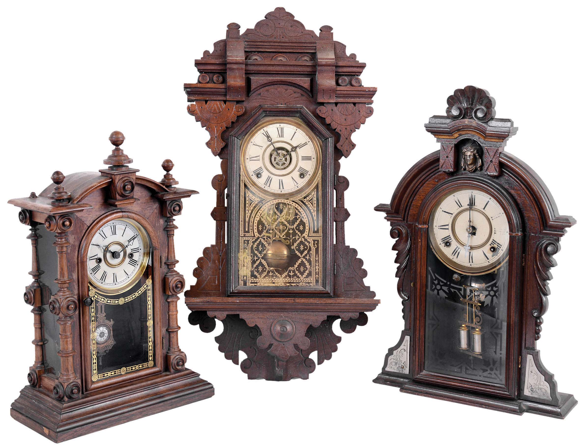 Clocks- 3 (Three) Connecticut 8 day time and strike: Welch, Spring &amp; Co., rosewood "Patti, V.P.", c1880; F. Kroeber Clock Co. "Virgil", c1880; E. Ingraham Co. for Charles F. Adams, Erie, PA walnut hanging gingerbread, c1900. — Antique Clocks Price Guide