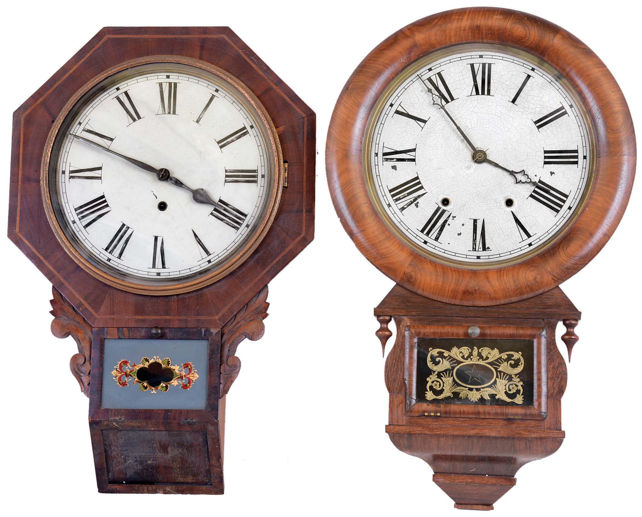Clocks- 2 (Two) Wall Connecticut 8 day rosewood hanging: Ansonia Brass &amp; Copper Co., Ansonia, Conn., "Drop Extra" time and strike, c1874; E.N. Welch "Drop Octagon" time only, c1869 — Antique Clocks Price Guide