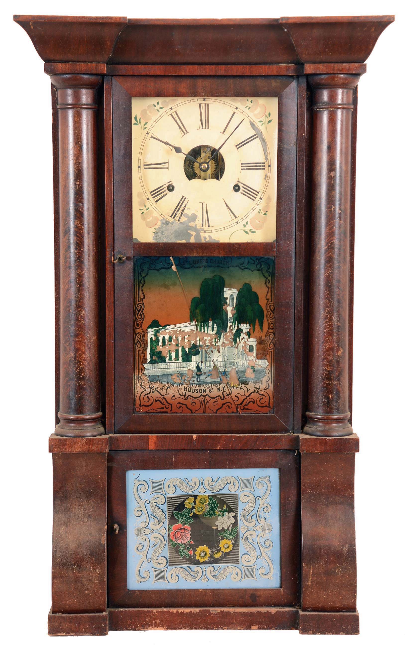 Clocks- 2 (Two): (1) Birge, Peck &amp; Co., Bristol, Conn., cornice and column shelf clock with a weight driven 8 days time and strike movement in a mahogany veneered case. c1850. (2) Welch, Spring &amp; Co., Forestville, Conn., "Cary VP", 8 days, time and strike spring brass movement shelf clock. c1880. — Antique Clocks Price Guide