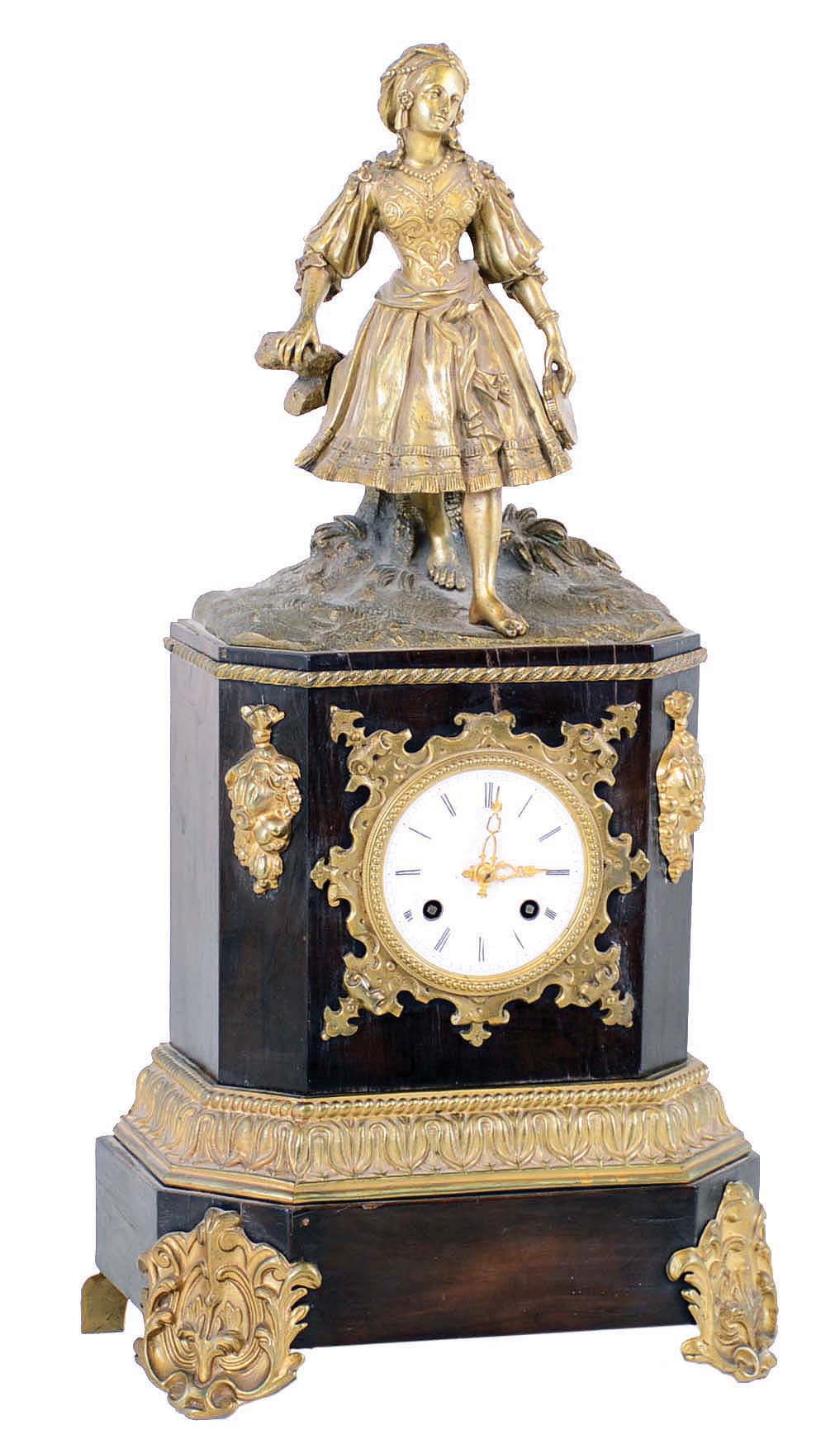 French walnut and cast gilt metal figural mantel clock, 8 day with thread suspension and count wheel striking. movement stamped "Japy Freres" and "Taveau a Paris"; c1830 — Antique Clocks Price Guide