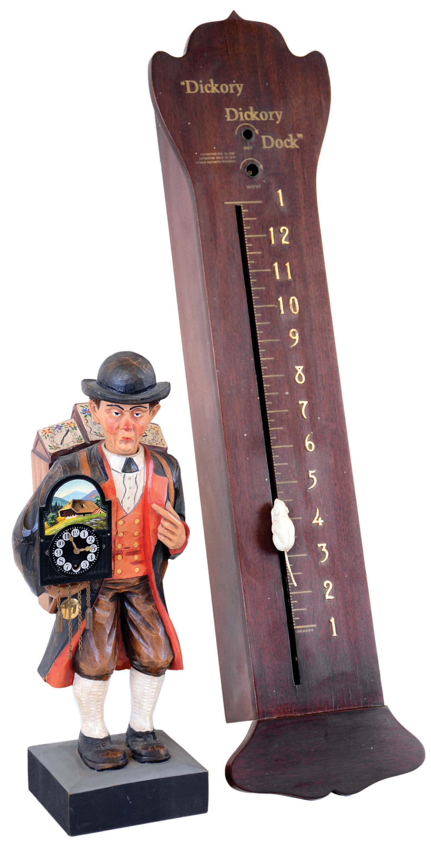 Clocks- 2 (Two) German: Karl Griesbaum, clock peddler and whistler, with 30 hour pendulum clock with arched dial.; Horolovar Dickory Dickory Dock 8 day balance wheel novelty wall clock; mid 20th century — Antique Clocks Price Guide