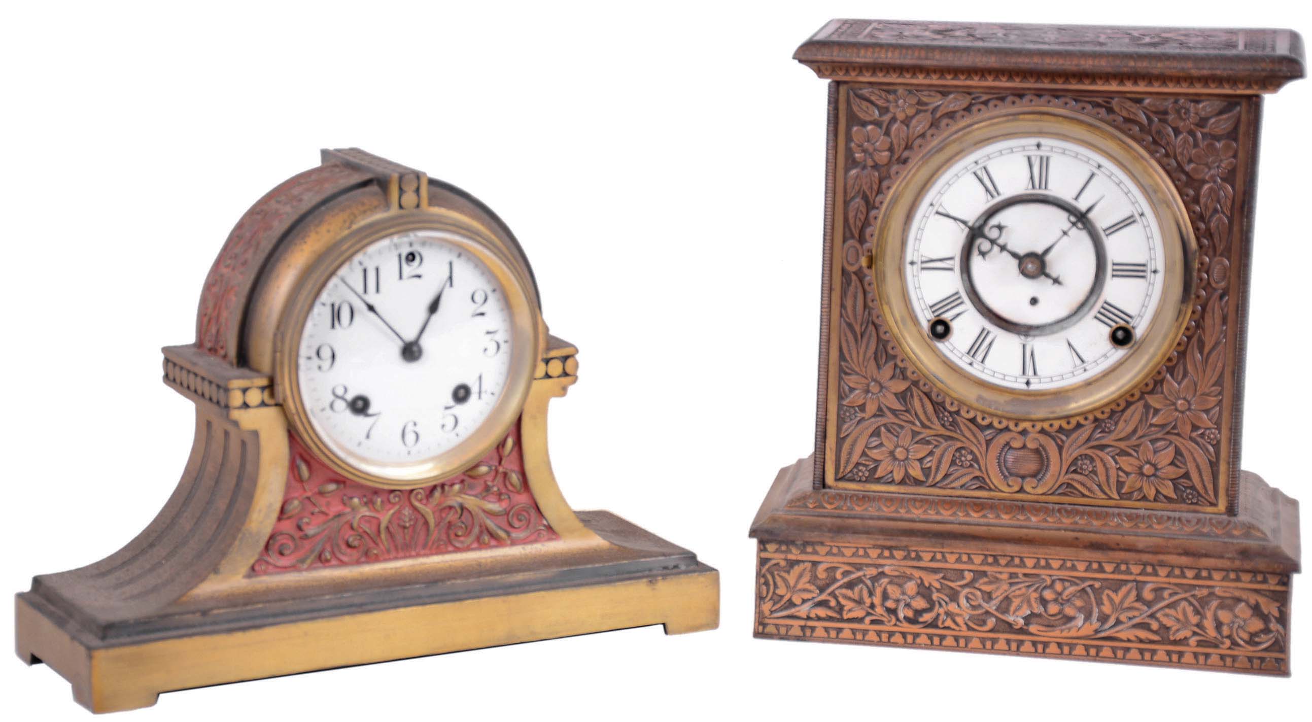 Clocks- 5 (Five) American 8 day time and strike cast metal mantel clocks: (1) 4 Ansonia Clock Co. including "Lenox", two "Boston Extra". c1900. and "Egypt", c1917; (2) F. Kroeber Clock Co. "America" model with ornate with copper patina, c1885. — Antique Clocks Price Guide