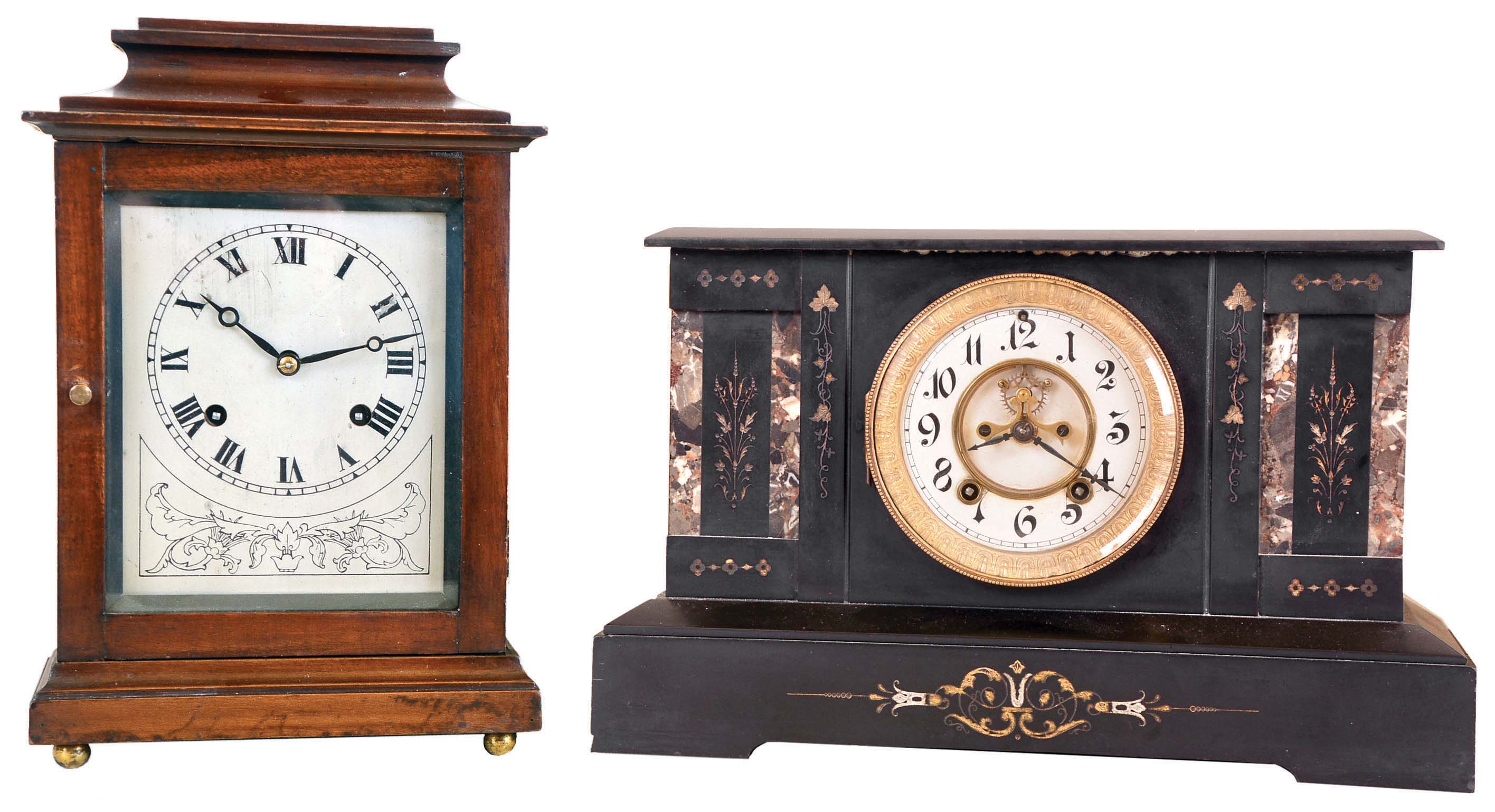 Clocks- 3 (Three) 8 day time and strike mantel clocks, plus mahogany clock shelf: Ansonia "El Falka" marble with visible escapement, c1904; British Jerome mahogany bracket with silvered dial, c1910; New Haven unidentified model walnut kitchen clock with indicator pendulum with shelf, c1885 — Antique Clocks Price Guide