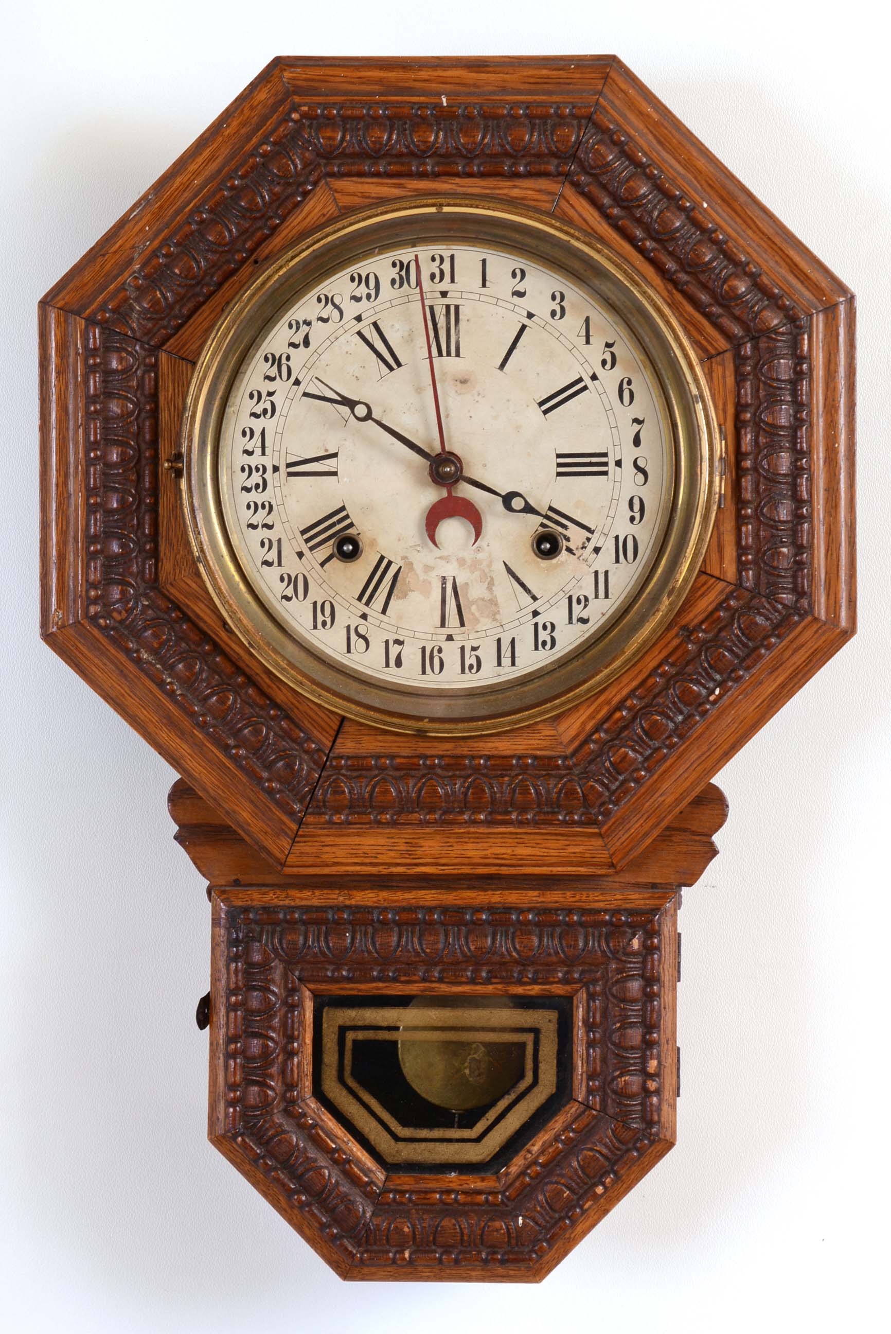 Clocks- 2 (Two): (1) E. Ingraham &amp; Co., Bristol, Conn., "8-Inch Drop Octagon", 8 days, time and strike spring brass movement calendar clock. c1915 (2) New Haven Clock Co., New Haven, Conn., "Willis", 8 days, spring brass lever movement banjo timepiece. c1928 — Antique Clocks Price Guide