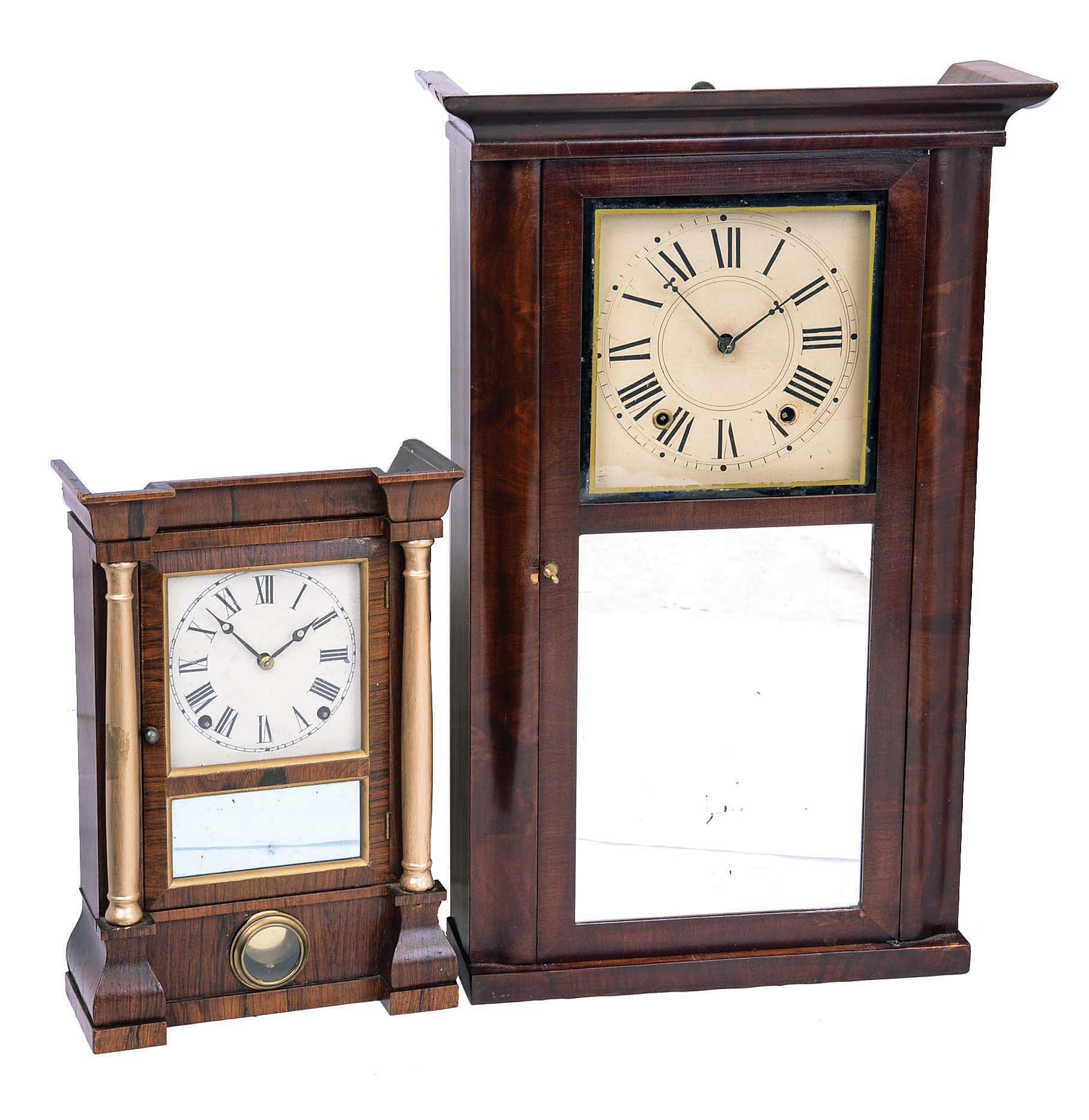 Clocks- 2 (Two): (1) Seth Thomas Clock Co., Plymouth Hollow, Conn., "Column" shelf clock with an 8 days spring driven brass time and strike lyre movement in a rosewood veneered case; c1865. (2) Jonathan Frost, Reading, Mass., shelf clock with a 30 hours time and strike wooden works in a mahogany empire style case with OG columns; c1838; — Antique Clocks Price Guide