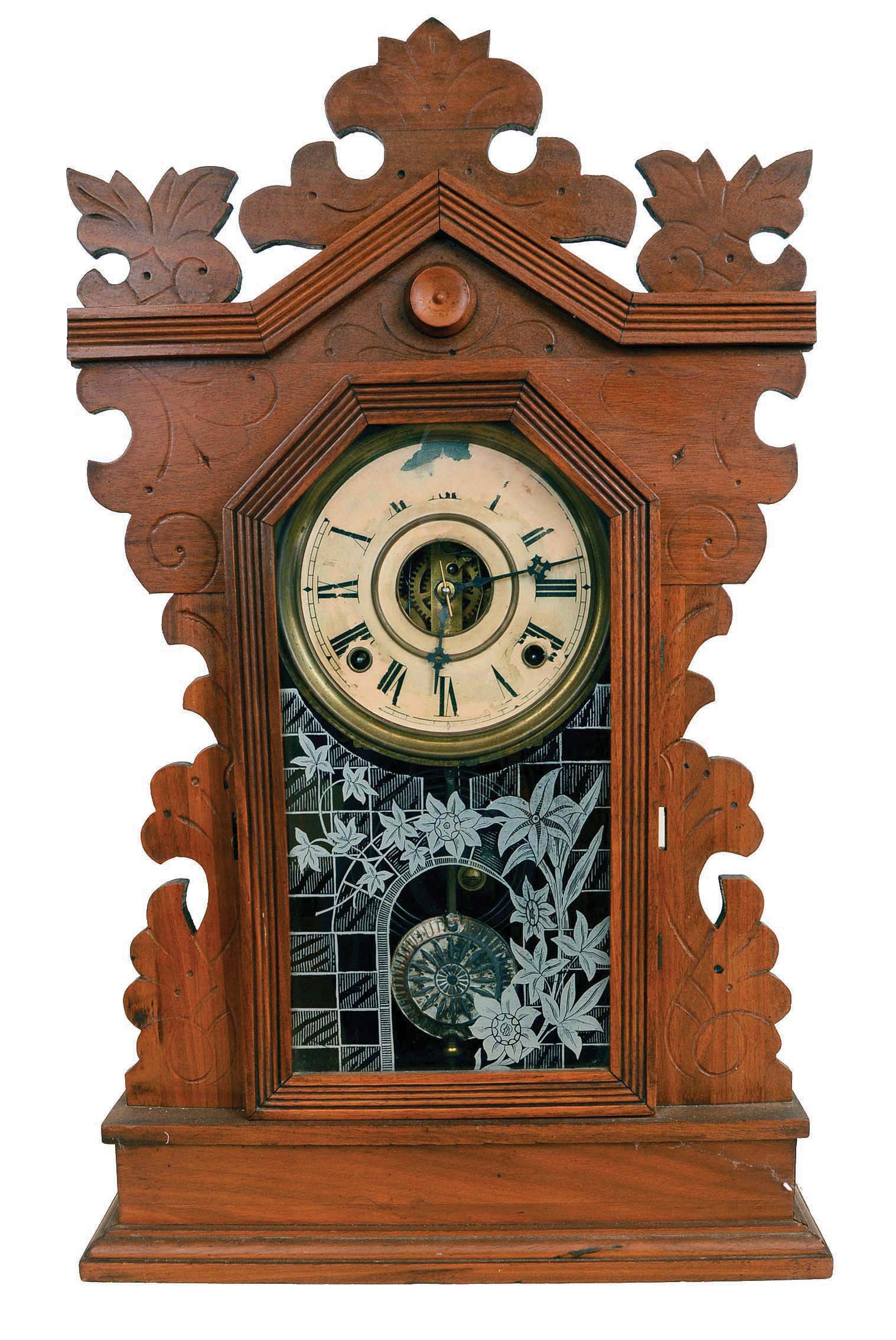 Clocks- 2 (Two): (1) New Haven Clock Co., New Haven, Conn., "Tampa", 8 days, spring brass movement calendar wall timepiece. c1911 (2) William L. Gilbert Clock Co., Winsted, Conn., "Owl", 8 days, time and strike spring brass movement shelf clock. c1891 — Antique Clocks Price Guide