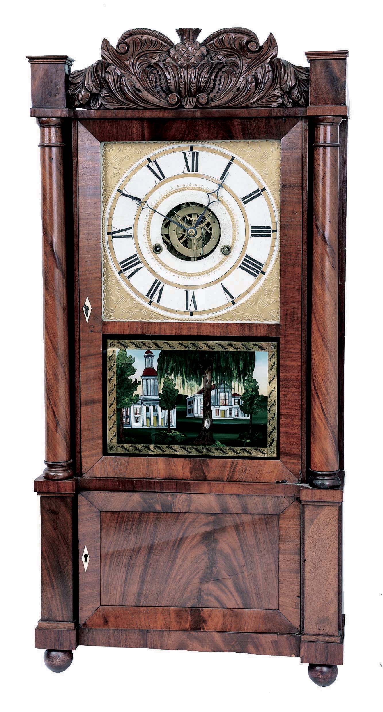 S. B. Terry, Plymouth Hollow, Conn., 8 days, time and strike weight brass movement full column with carved splat shelf clock with round front plate movement. This clock once belonged to the late Irving Cooperman a well known collector of Rockville Centre, NY and a former Vice President of NAWCC. His stamp is inside the case. — Antique Clocks Price Guide