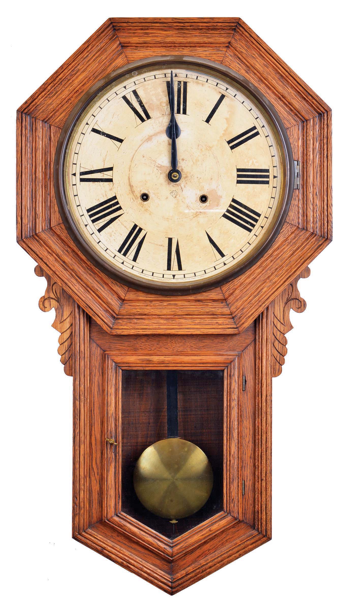 Clocks- 2 (Two): (1) Ansonia Clock Co., New York, NY, "Regulator B", 8 day, time and strike spring brass movement wall clock. c1901. (2) E. Ingraham &amp; Co., Bristol, Conn., "Western Union", 8 days, spring brass movement wall timepiece. c1911 — Antique Clocks Price Guide