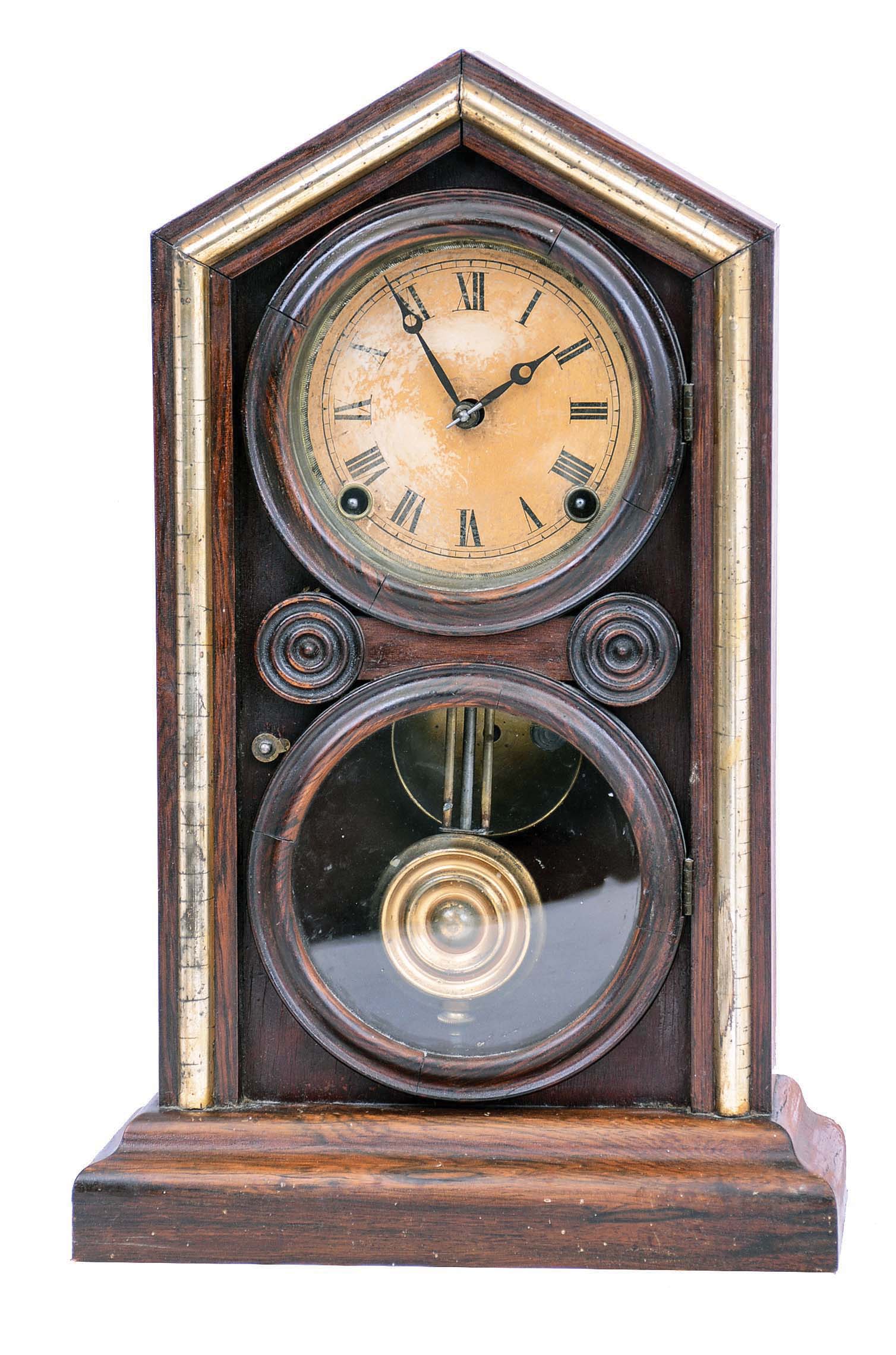 Clocks- 2 (Two): (1) Seth Thomas Clock Co,, Thomaston, Conn., "Chime Clock No. 60" tambour mantel clock with a 8 days spring driven time and Westminster strike movement in a mahogany case. c1935. (2) E. Ingraham &amp; Co., Bristol, Conn., "Doric. Extra" with optional gilt band, mantel clock with an 8 day spring driven time and strike movement in a rosewood veneered case, c1880. — Antique Clocks Price Guide