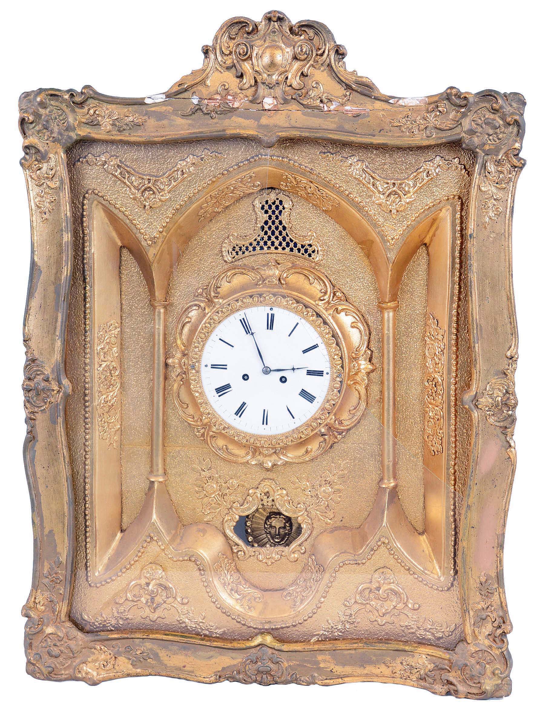 Clocks- 2 (Two) European wall clocks: Austrian gilt-front picture frame 2-day clock, time only thread suspension movement and "F. Einsidl in Wien" music box below; German Black Forest 30 hour shield-dial time and strike weight driven wall clock; mid 19th century — Antique Clocks Price Guide